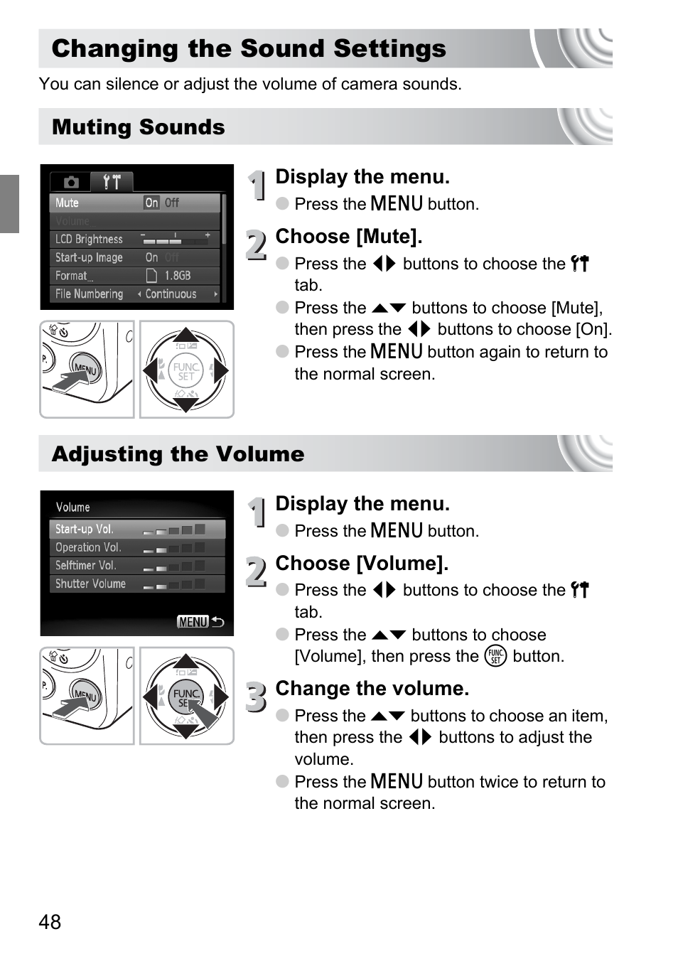 Changing the sound settings, Muting sounds, Adjusting the volume | Display the menu, Choose [mute, Choose [volume, Change the volume | Canon IXUS 105 User Manual | Page 48 / 142