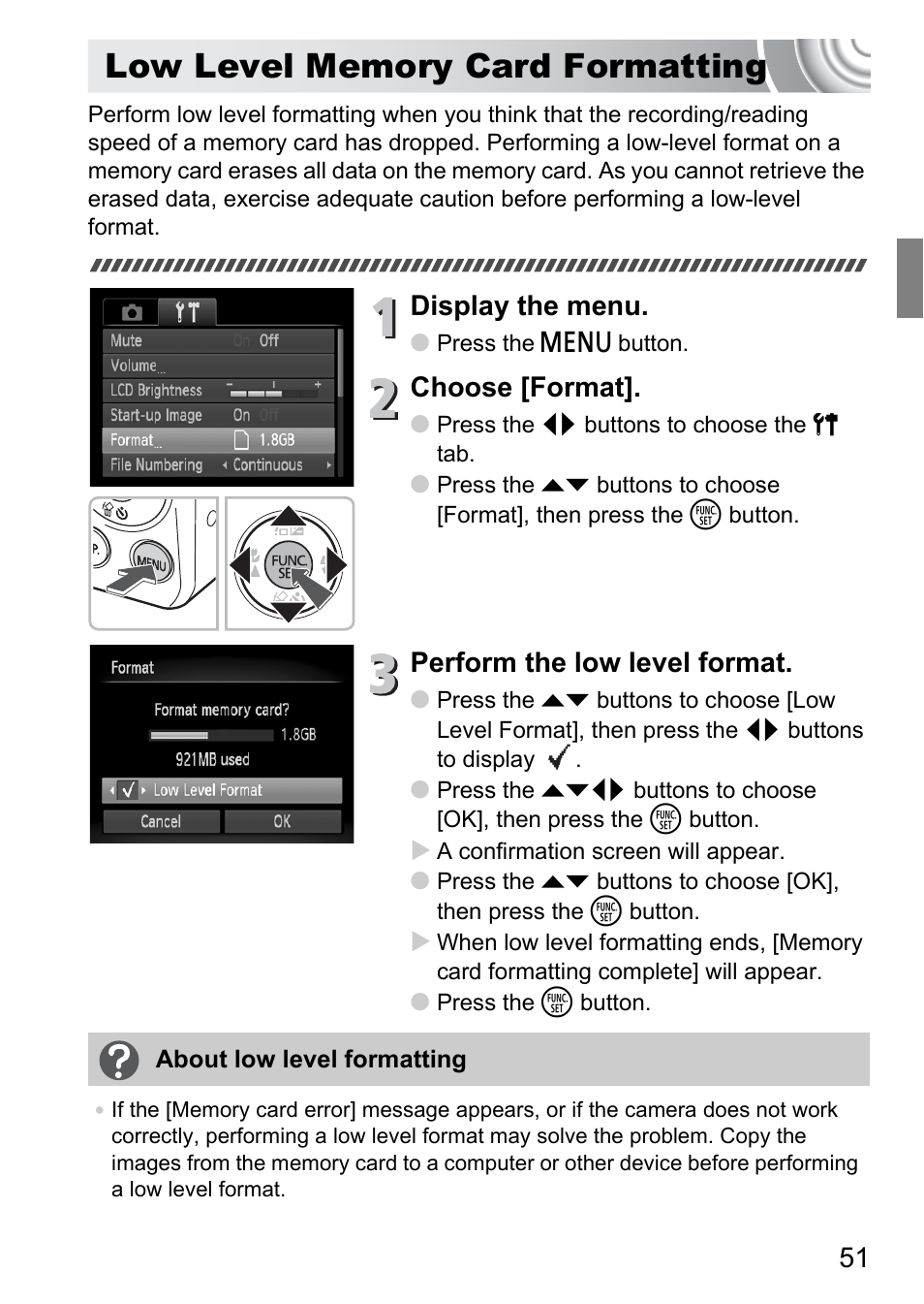 Low level memory card formatting, Low level, Memory card formatting | Display the menu, Choose [format, Perform the low level format | Canon IXUS 105 User Manual | Page 51 / 142