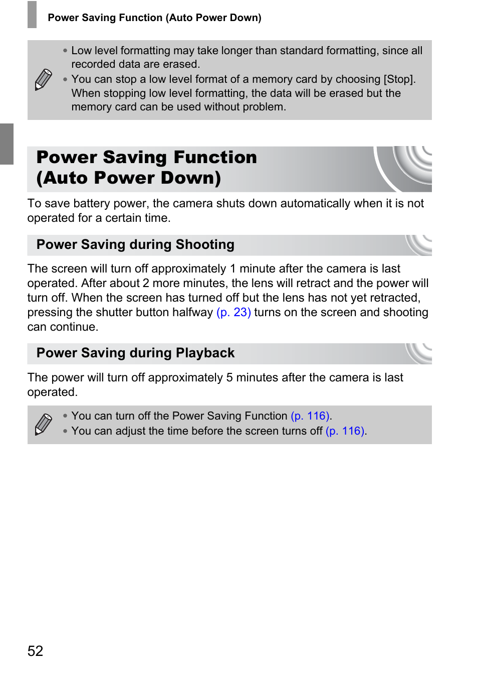 Power saving function (auto power down), Power saving function, Auto power down) | Canon IXUS 105 User Manual | Page 52 / 142