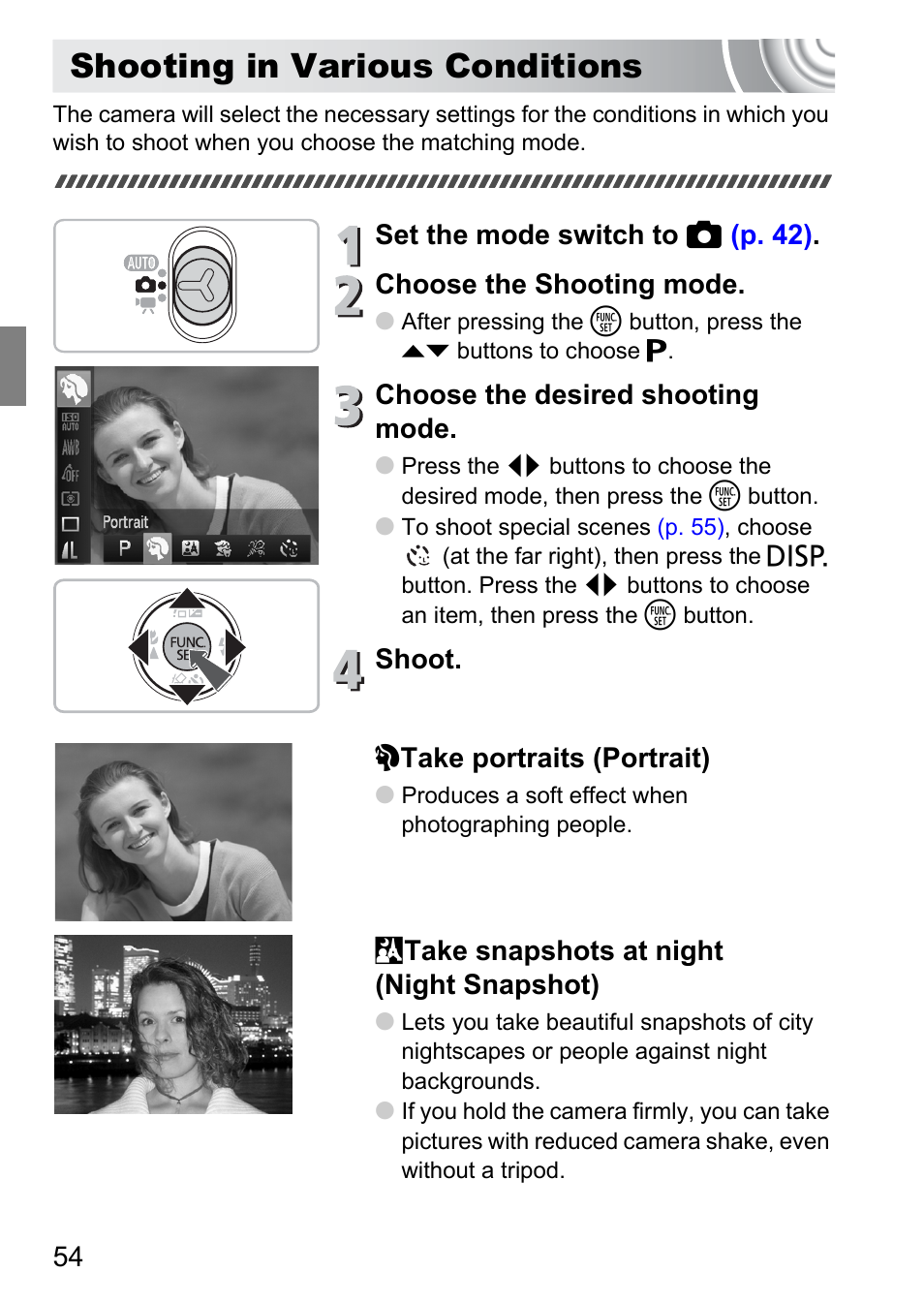 Shooting in various conditions, P. 54), The scene | Canon IXUS 105 User Manual | Page 54 / 142