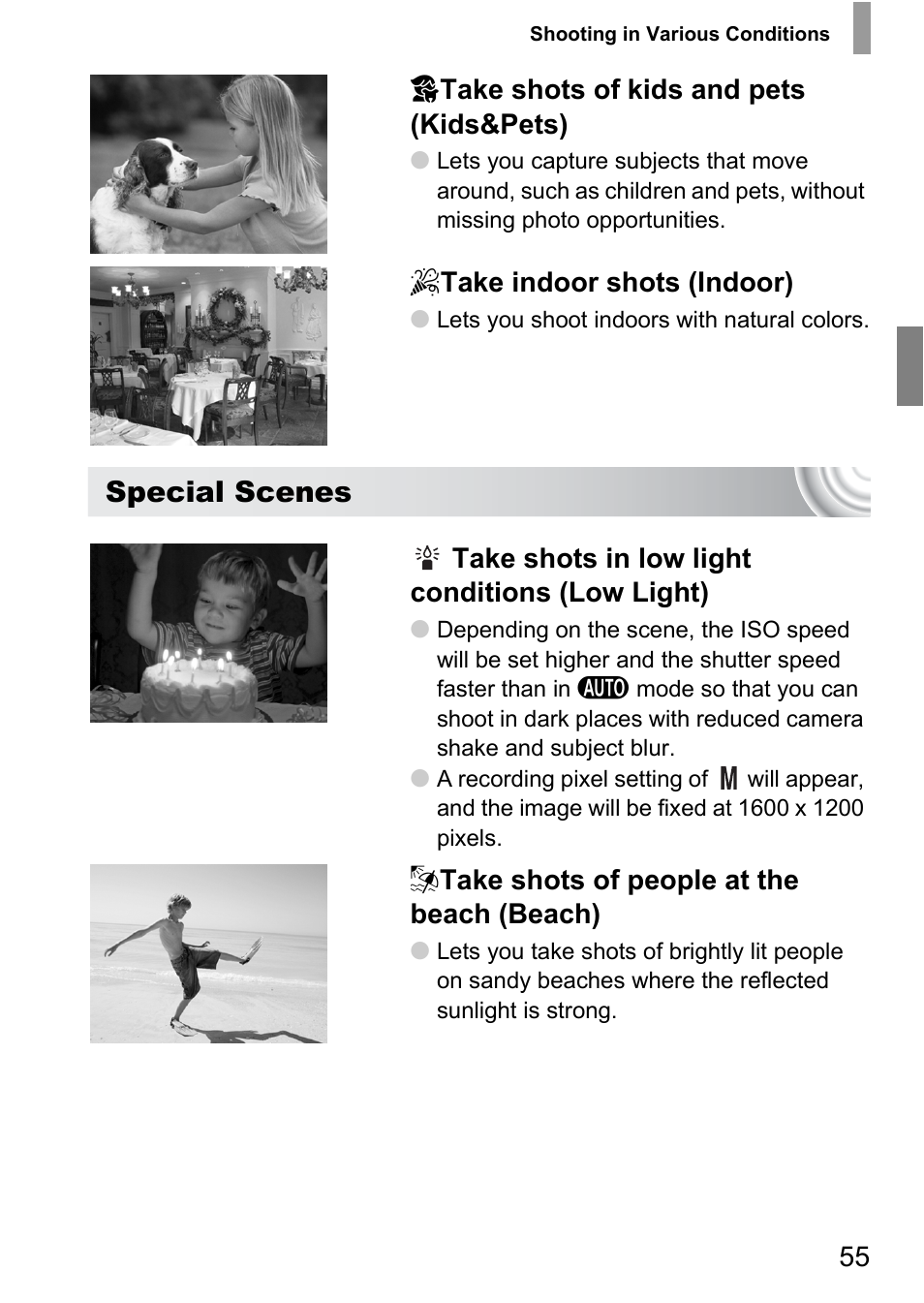P. 55), Special scenes | Canon IXUS 105 User Manual | Page 55 / 142