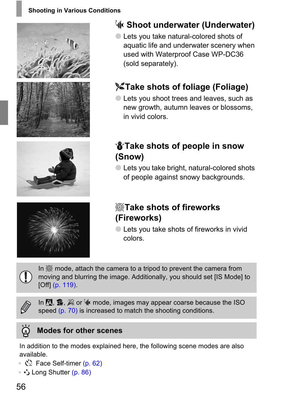 P. 56), S shoot underwater (underwater), O take shots of foliage (foliage) | P take shots of people in snow (snow), T take shots of fireworks (fireworks) | Canon IXUS 105 User Manual | Page 56 / 142