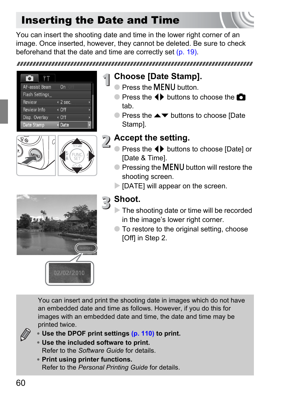 Inserting the date and time, Choose [date stamp, Accept the setting | Shoot | Canon IXUS 105 User Manual | Page 60 / 142