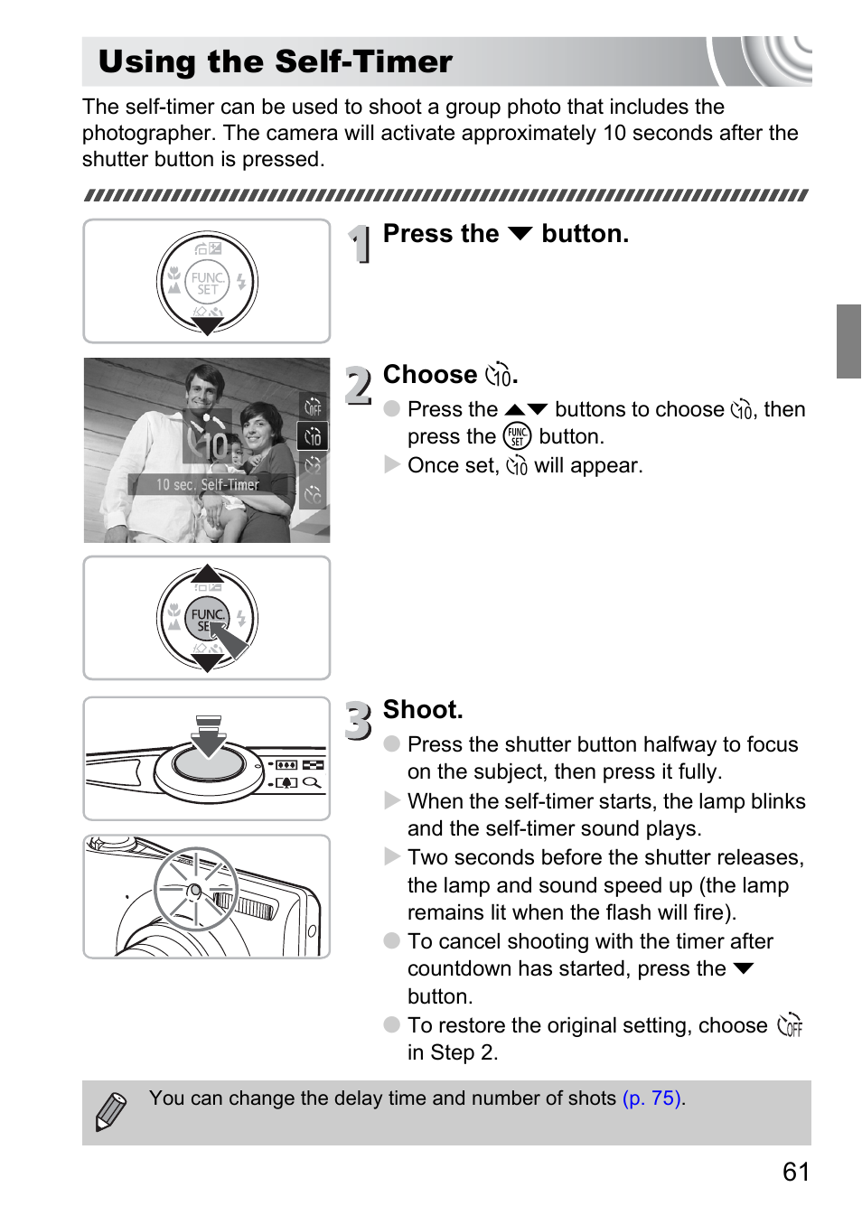 Using the self-timer, Self-timer), Pp. 61 | P. 61), Press the p button. choose ò, Shoot | Canon IXUS 105 User Manual | Page 61 / 142
