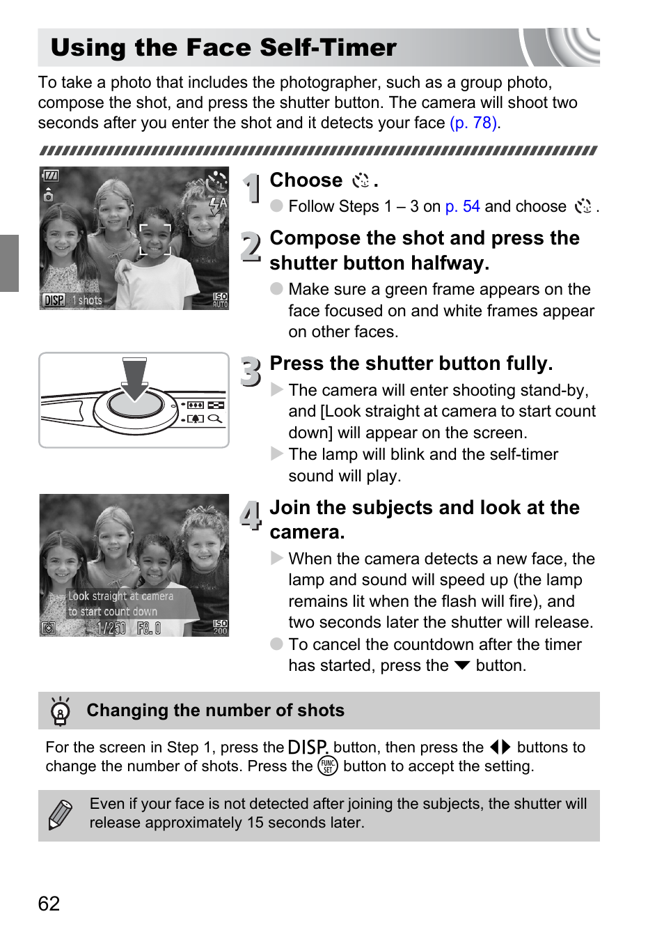 Using the face self-timer, P. 62), Choose | Press the shutter button fully, Join the subjects and look at the camera | Canon IXUS 105 User Manual | Page 62 / 142