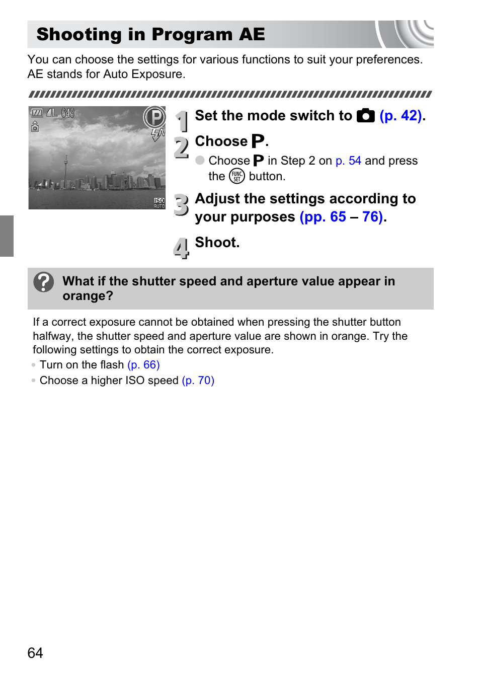 Shooting in program ae | Canon IXUS 105 User Manual | Page 64 / 142
