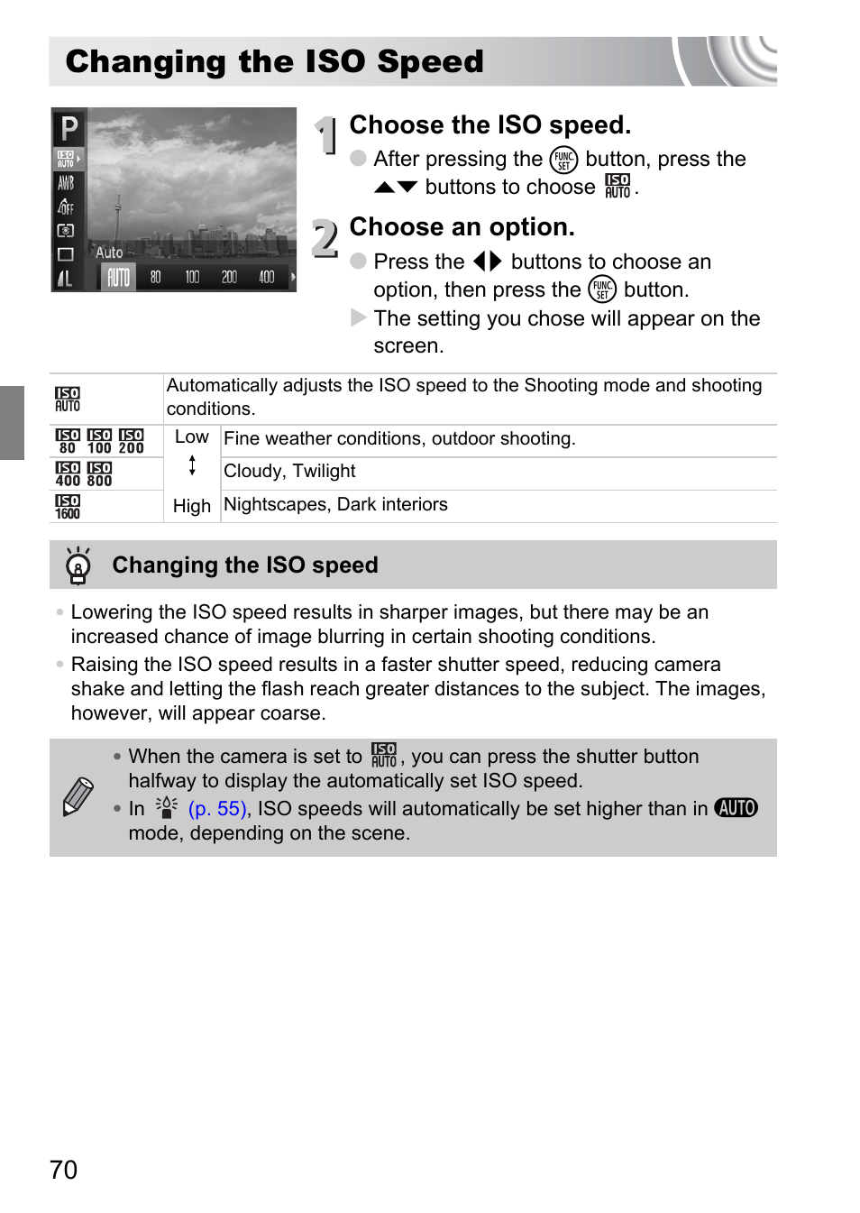 Changing the iso speed, P. 70), Choose the iso speed | Choose an option | Canon IXUS 105 User Manual | Page 70 / 142