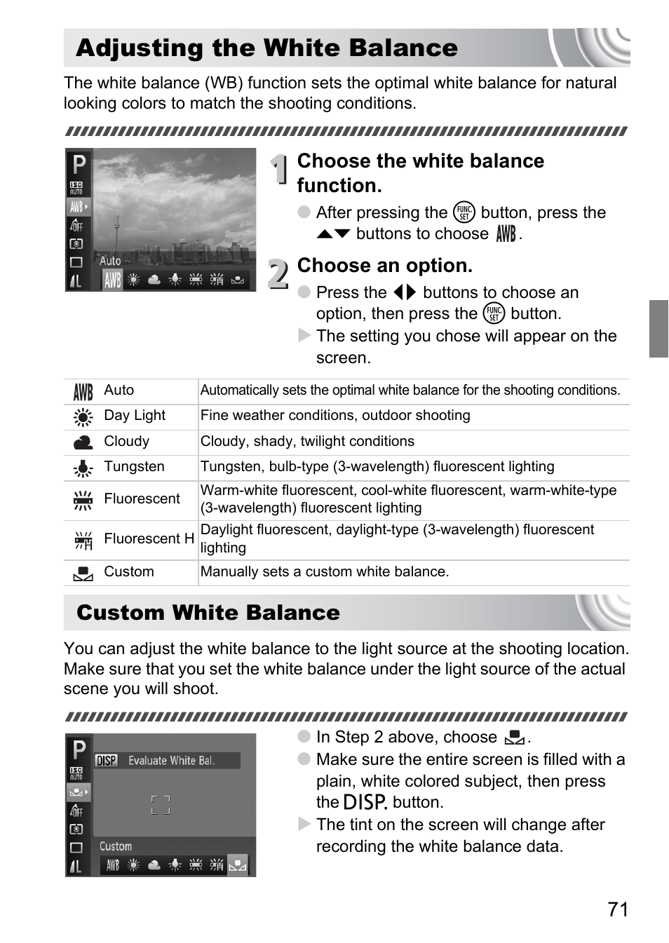 Adjusting the white balance, P. 71), Custom white balance | Choose the white balance function, Choose an option | Canon IXUS 105 User Manual | Page 71 / 142