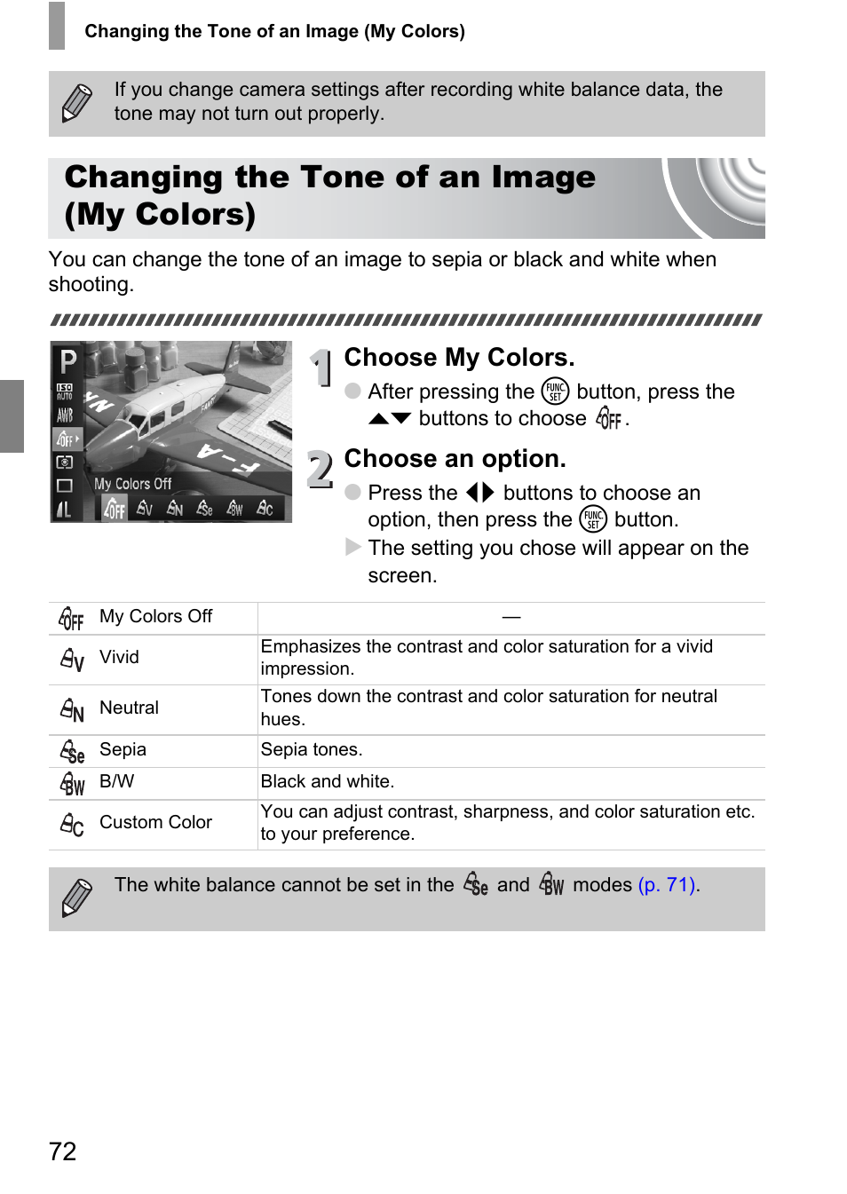 Changing the tone of an image (my colors), Changing the tone of an image, My colors) | Choose my colors, Choose an option | Canon IXUS 105 User Manual | Page 72 / 142