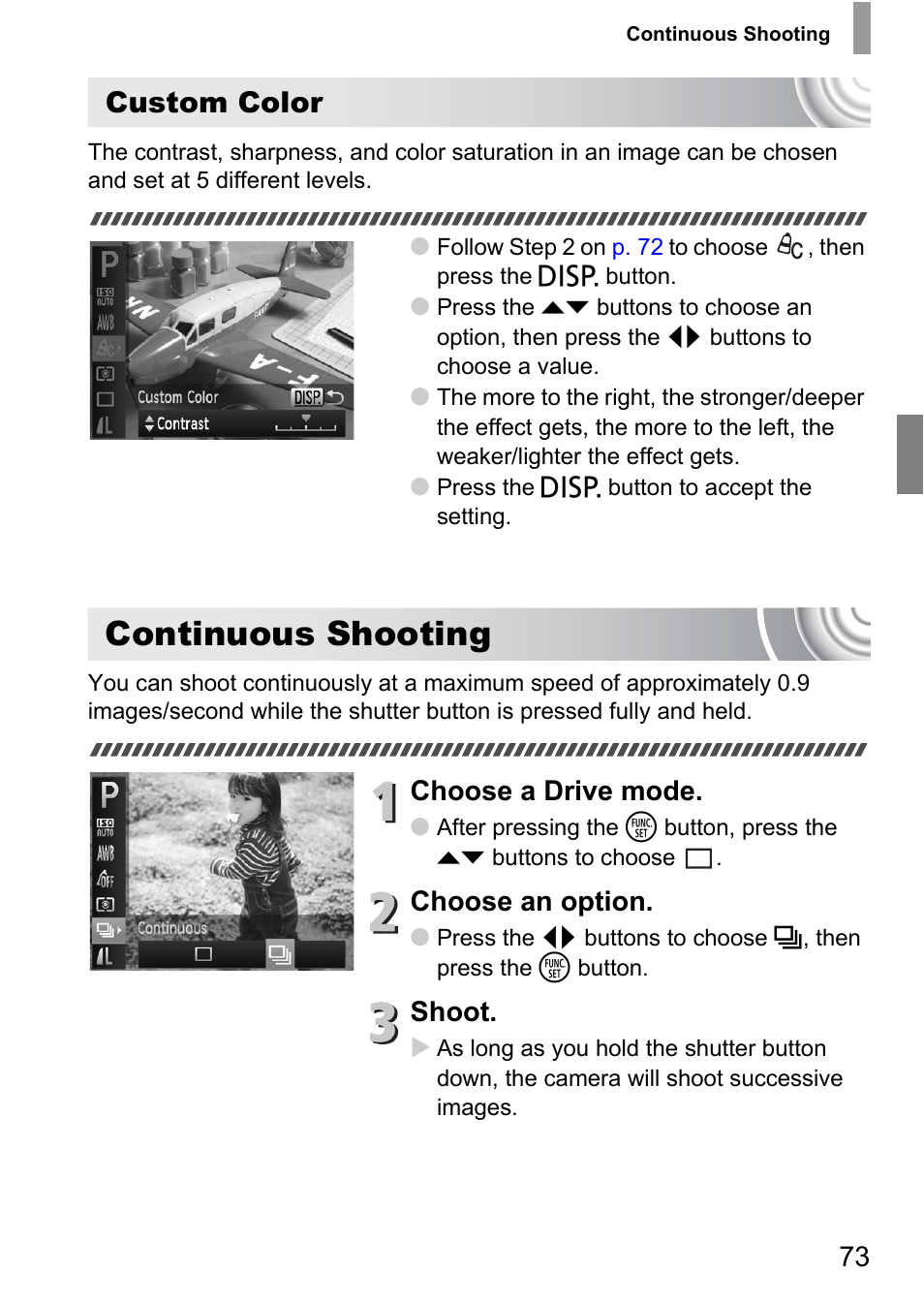 Continuous shooting, Custom color, Choose a drive mode | Choose an option, Shoot | Canon IXUS 105 User Manual | Page 73 / 142