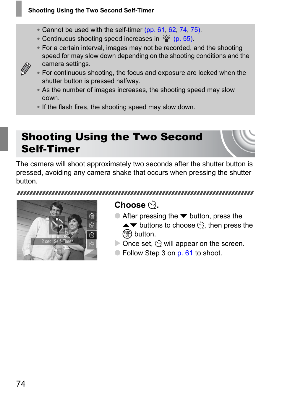 Shooting using the two second self-timer, Shooting using the, Two second self-timer | Choose î | Canon IXUS 105 User Manual | Page 74 / 142