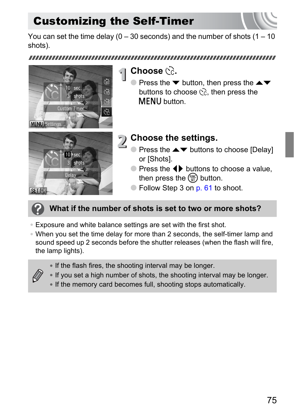Customizing the self-timer, Choose, Choose the settings | Canon IXUS 105 User Manual | Page 75 / 142