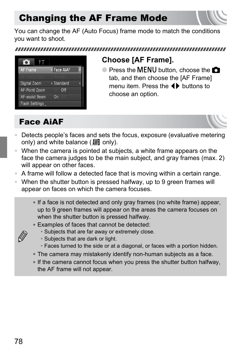 Changing the af frame mode, Face aiaf, Choose [af frame | Canon IXUS 105 User Manual | Page 78 / 142