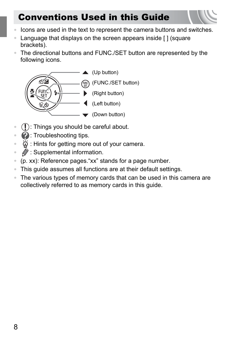 Conventions used in this guide | Canon IXUS 105 User Manual | Page 8 / 142