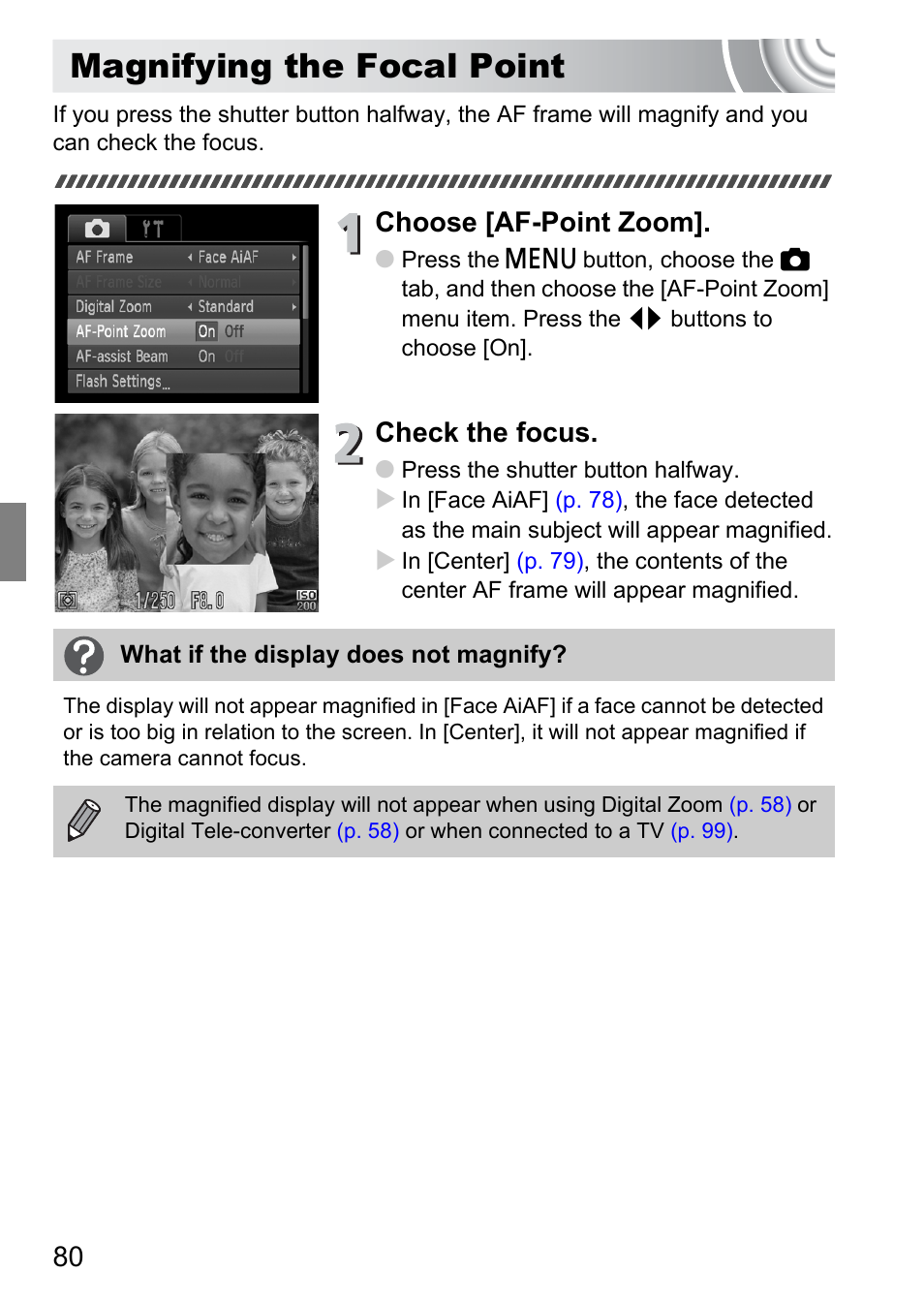 Magnifying the focal point, Choose [af-point zoom, Check the focus | Canon IXUS 105 User Manual | Page 80 / 142