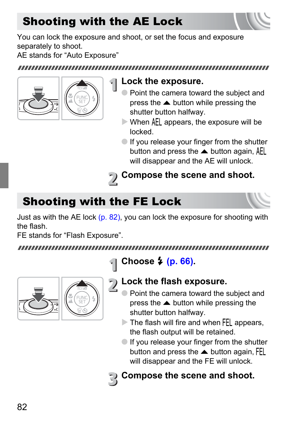 Shooting with the ae lock, Shooting with the fe lock | Canon IXUS 105 User Manual | Page 82 / 142