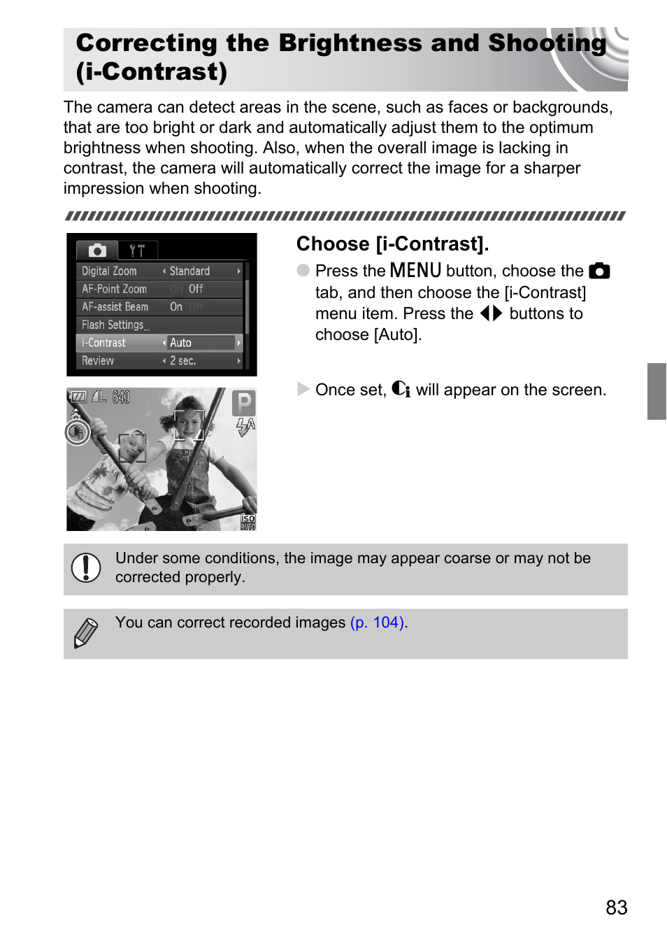 Correcting the brightness, And shooting (i-contrast), Choose [i-contrast | Canon IXUS 105 User Manual | Page 83 / 142