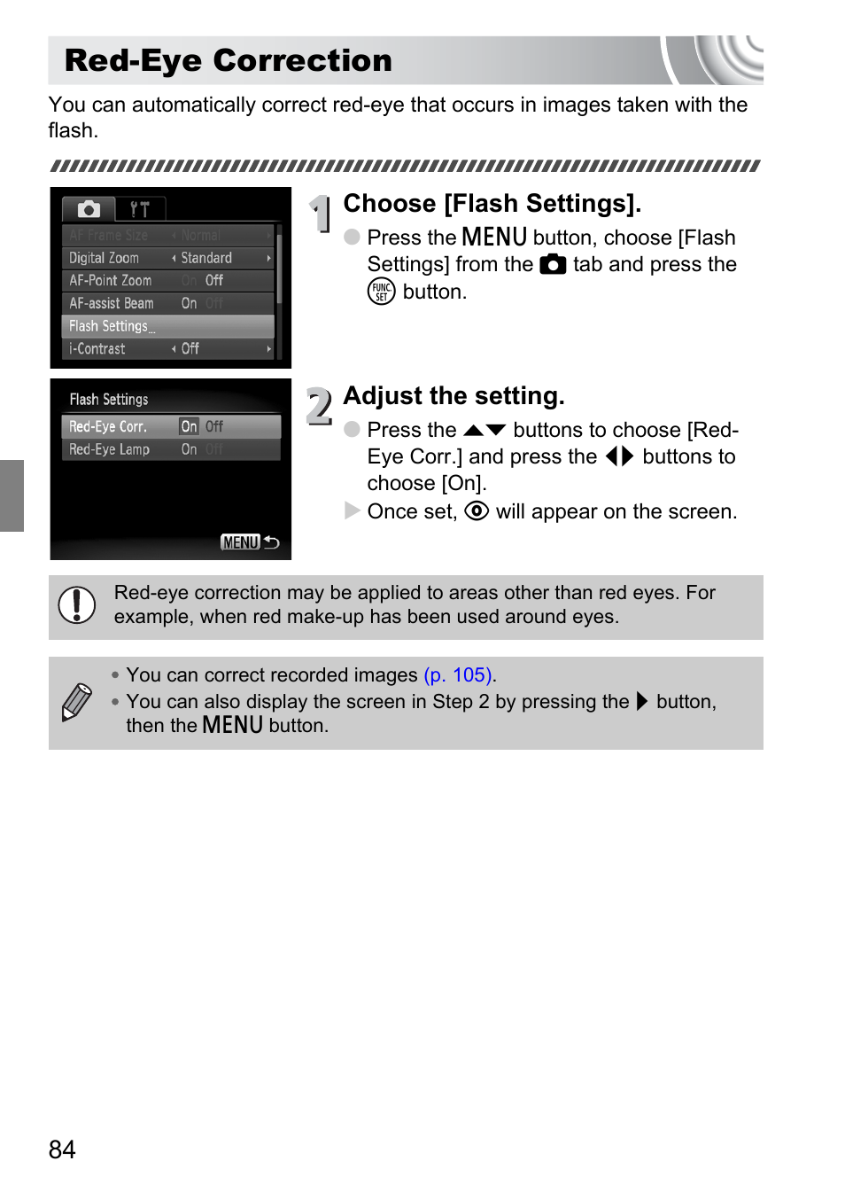 Red-eye correction, Choose [flash settings, Adjust the setting | Canon IXUS 105 User Manual | Page 84 / 142