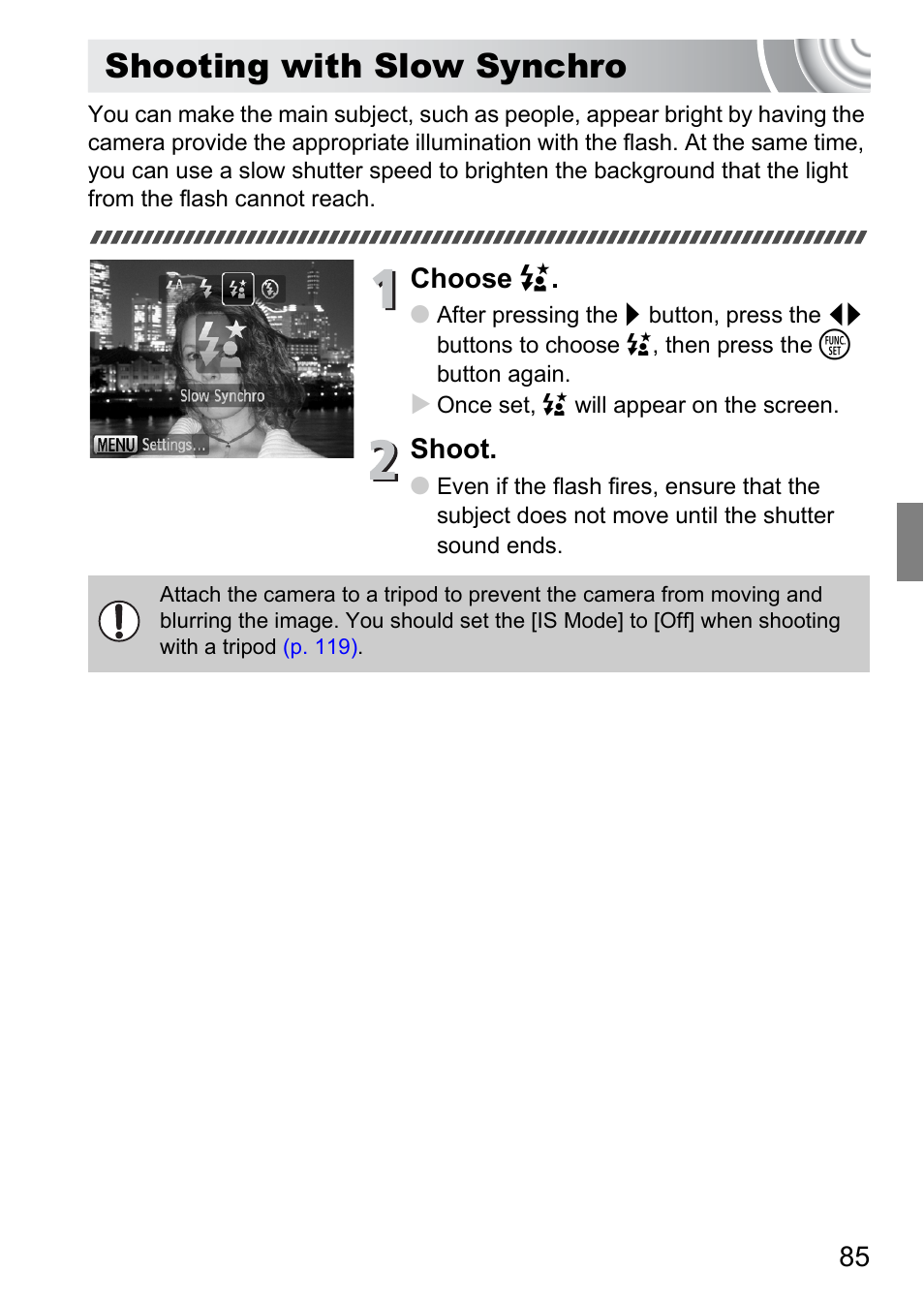 Shooting with slow synchro, Choose, Shoot | Canon IXUS 105 User Manual | Page 85 / 142