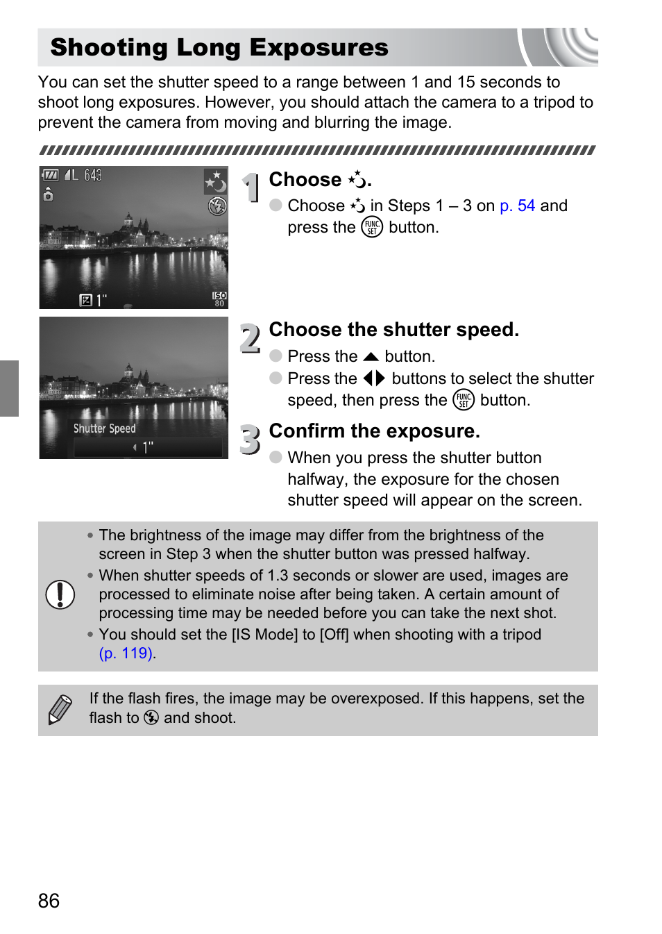 Shooting long exposures, P. 86), Choose | Choose the shutter speed, Confirm the exposure | Canon IXUS 105 User Manual | Page 86 / 142