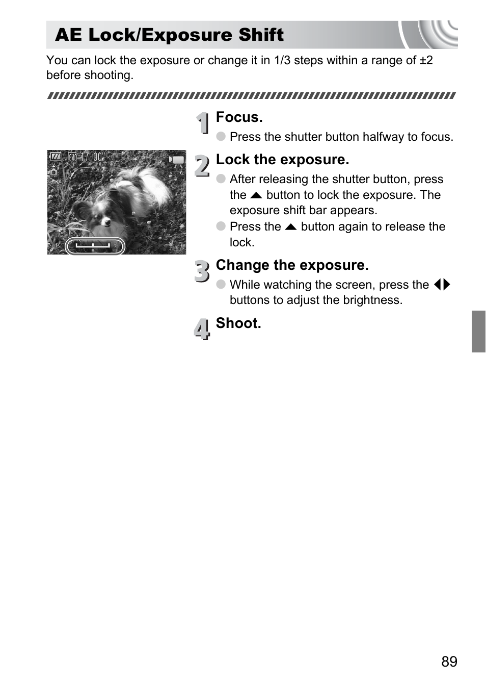 Ae lock/exposure shift | Canon IXUS 105 User Manual | Page 89 / 142
