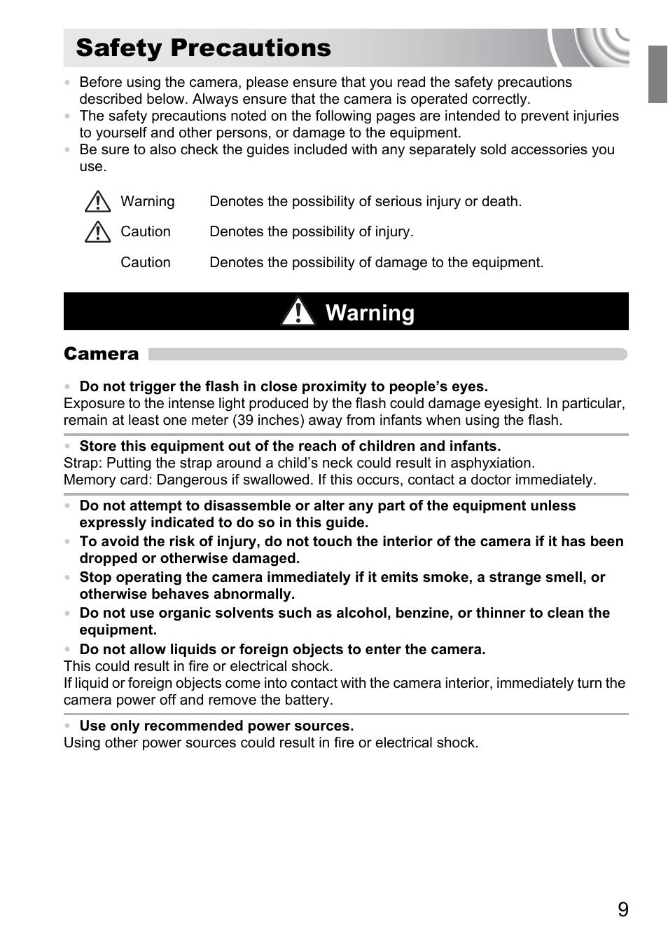 Safety precautions, Warning | Canon IXUS 105 User Manual | Page 9 / 142