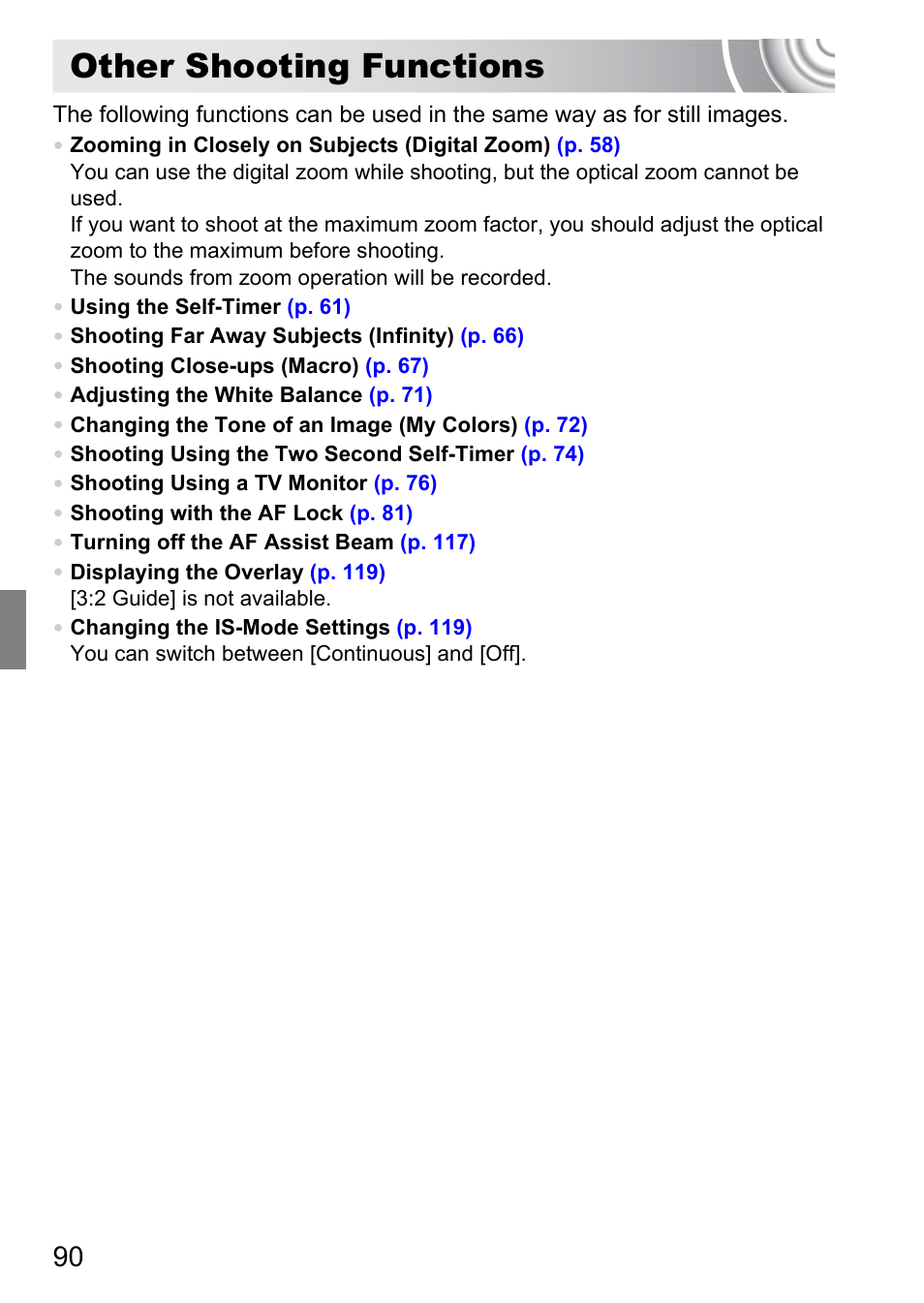 Other shooting functions | Canon IXUS 105 User Manual | Page 90 / 142