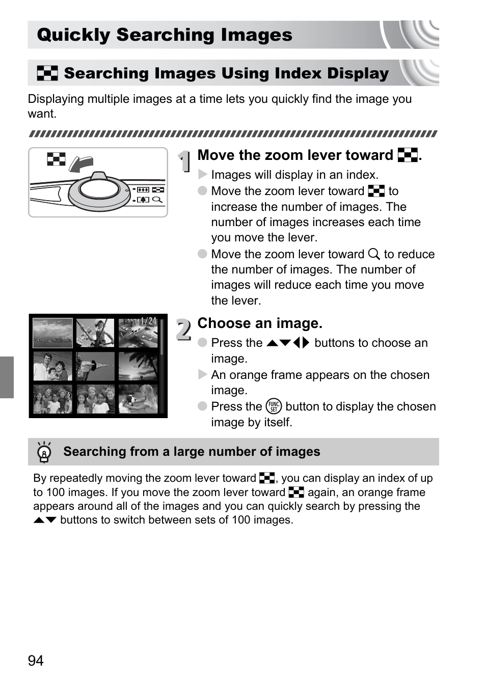 Quickly searching images, Pp. 94, P. 94) | G searching images using index display, Move the zoom lever toward g, Choose an image | Canon IXUS 105 User Manual | Page 94 / 142