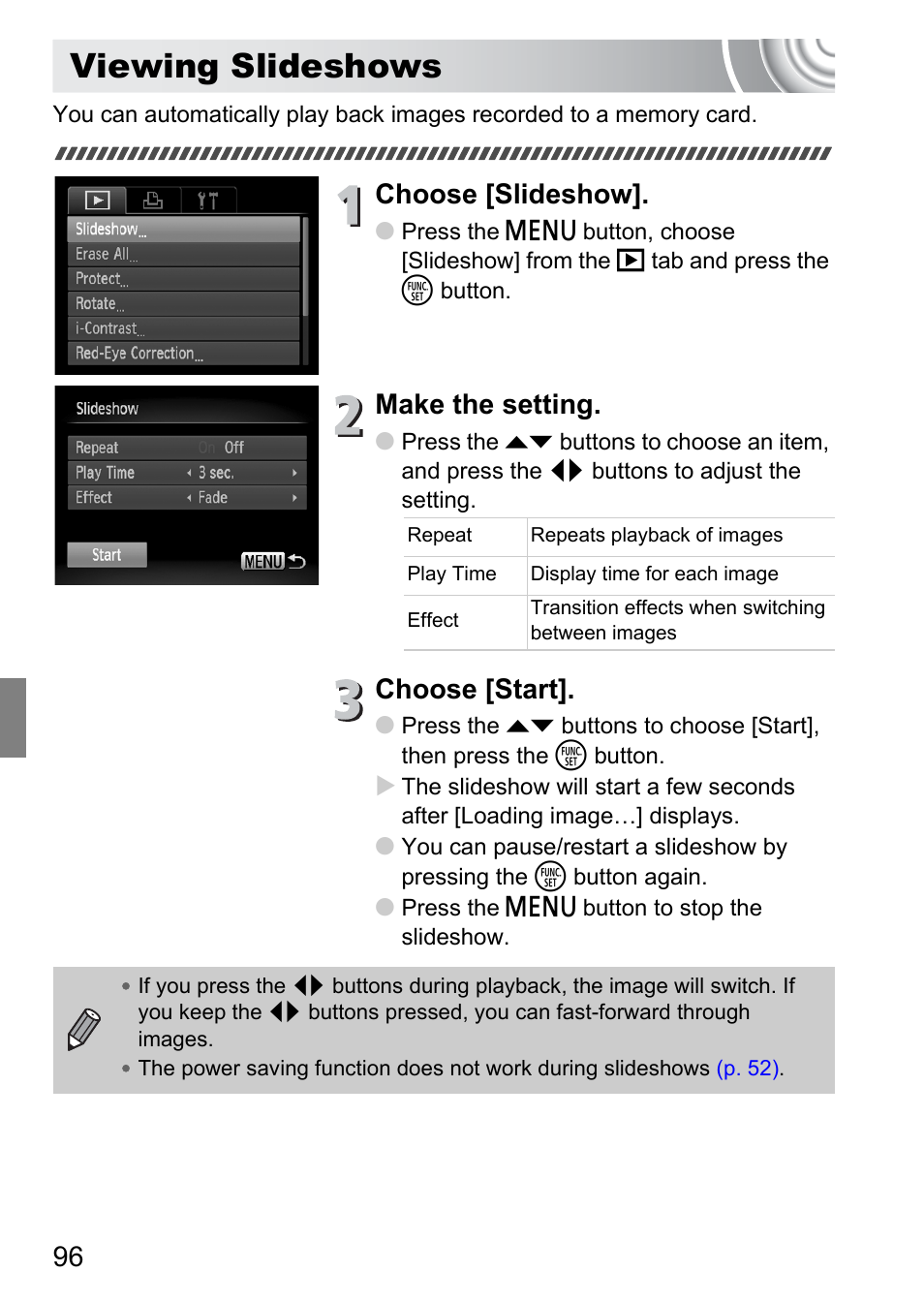 Viewing slideshows, P. 96), Choose [slideshow | Make the setting, Choose [start | Canon IXUS 105 User Manual | Page 96 / 142