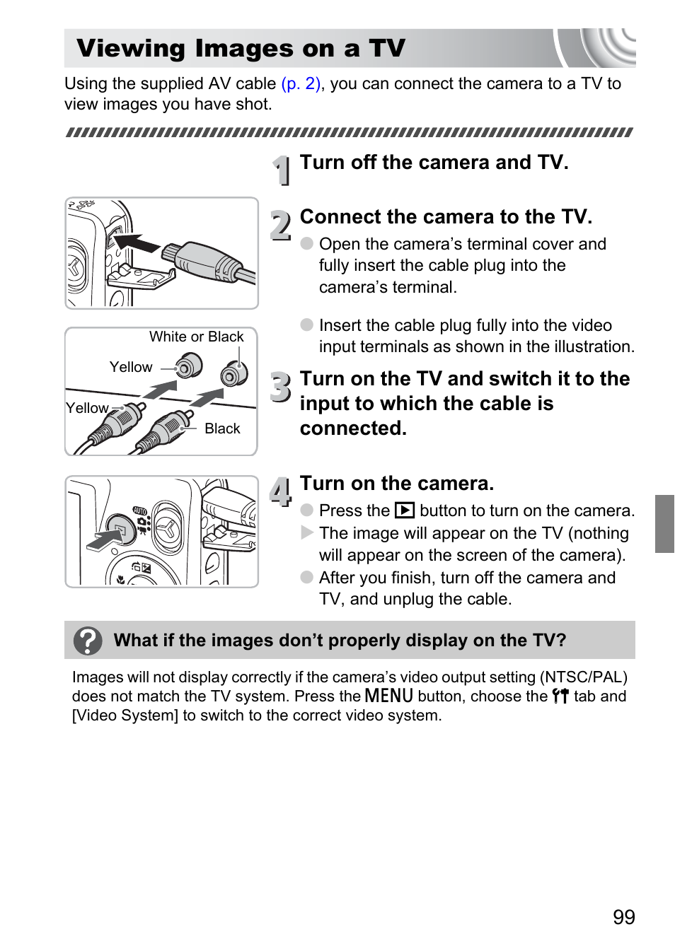 Viewing images on a tv, P. 99), A tv | Canon IXUS 105 User Manual | Page 99 / 142