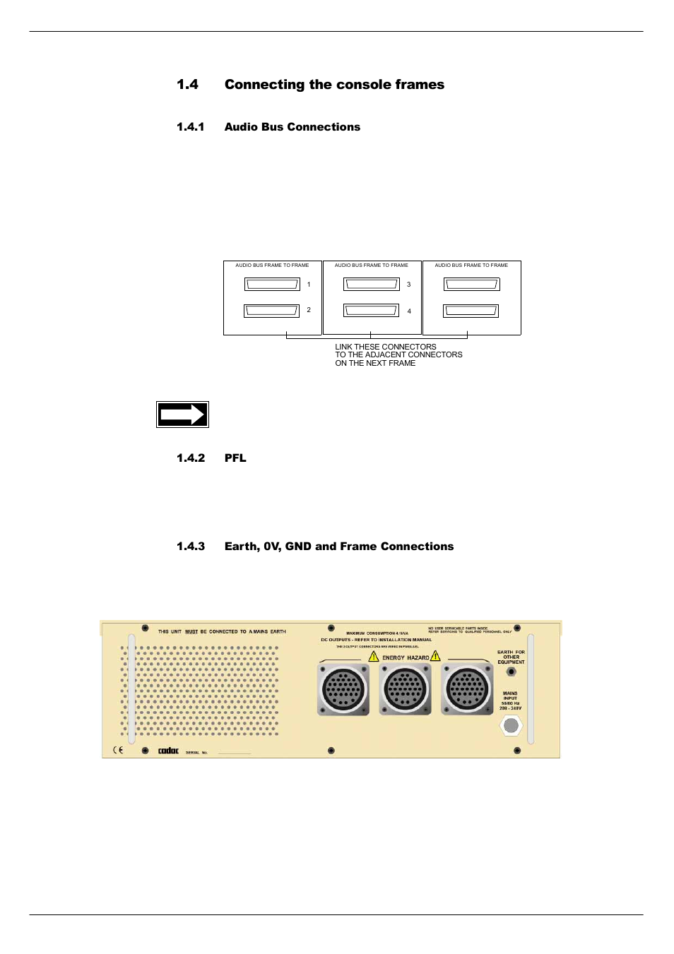 4 connecting the console frames, 1 audio bus connections, 2 pfl | 3 earth, 0v, gnd and frame connections, Connecting the console frames -4, 417 &rqqhfwlqj#wkh#frqvroh#iudphv, See also appendix a | Cadac C-Type User Manual | Page 10 / 66