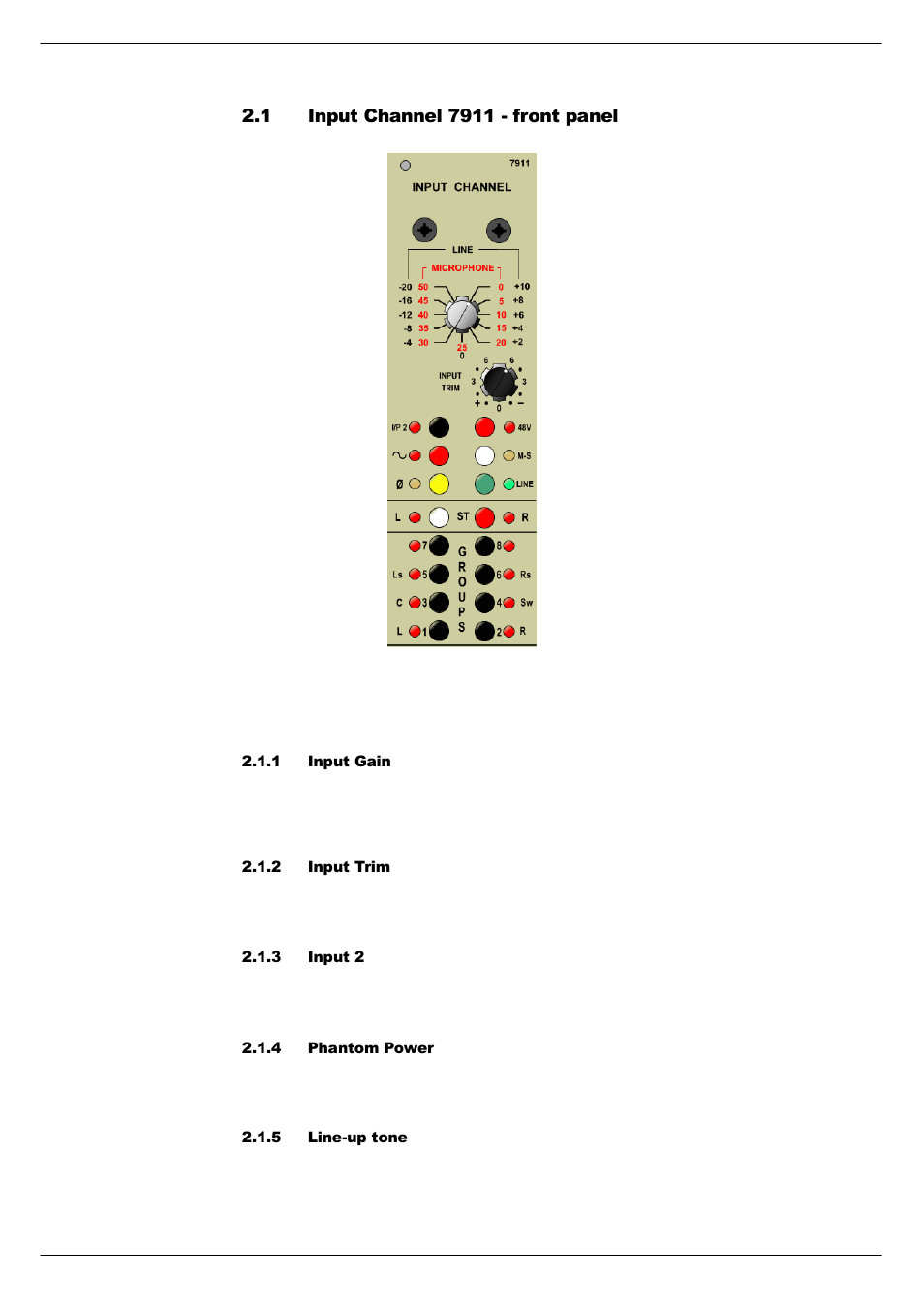 1 input channel 7911 - front panel, 1 input gain, 2 input trim | 3 input 2, 4 phantom power, 5 line-up tone, Input channel 7911 - front panel -2 | Cadac C-Type User Manual | Page 16 / 66