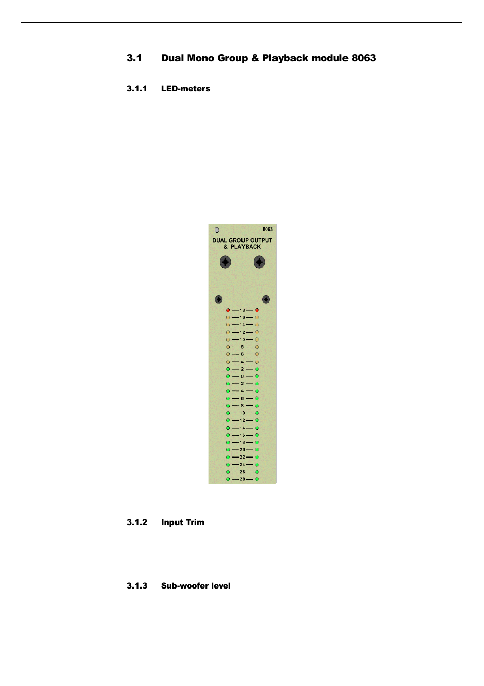 1 dual mono group & playback module 8063, 1 led-meters, 2 input trim | 3 sub-woofer level, Dual mono group & playback module 8063 -2 | Cadac C-Type User Manual | Page 26 / 66