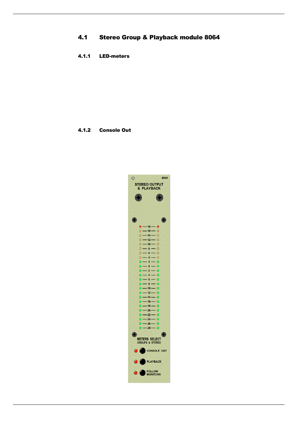 1 stereo group & playback module 8064, 1 led-meters, 2 console out | Stereo group & playback module 8064 -2 | Cadac C-Type User Manual | Page 32 / 66