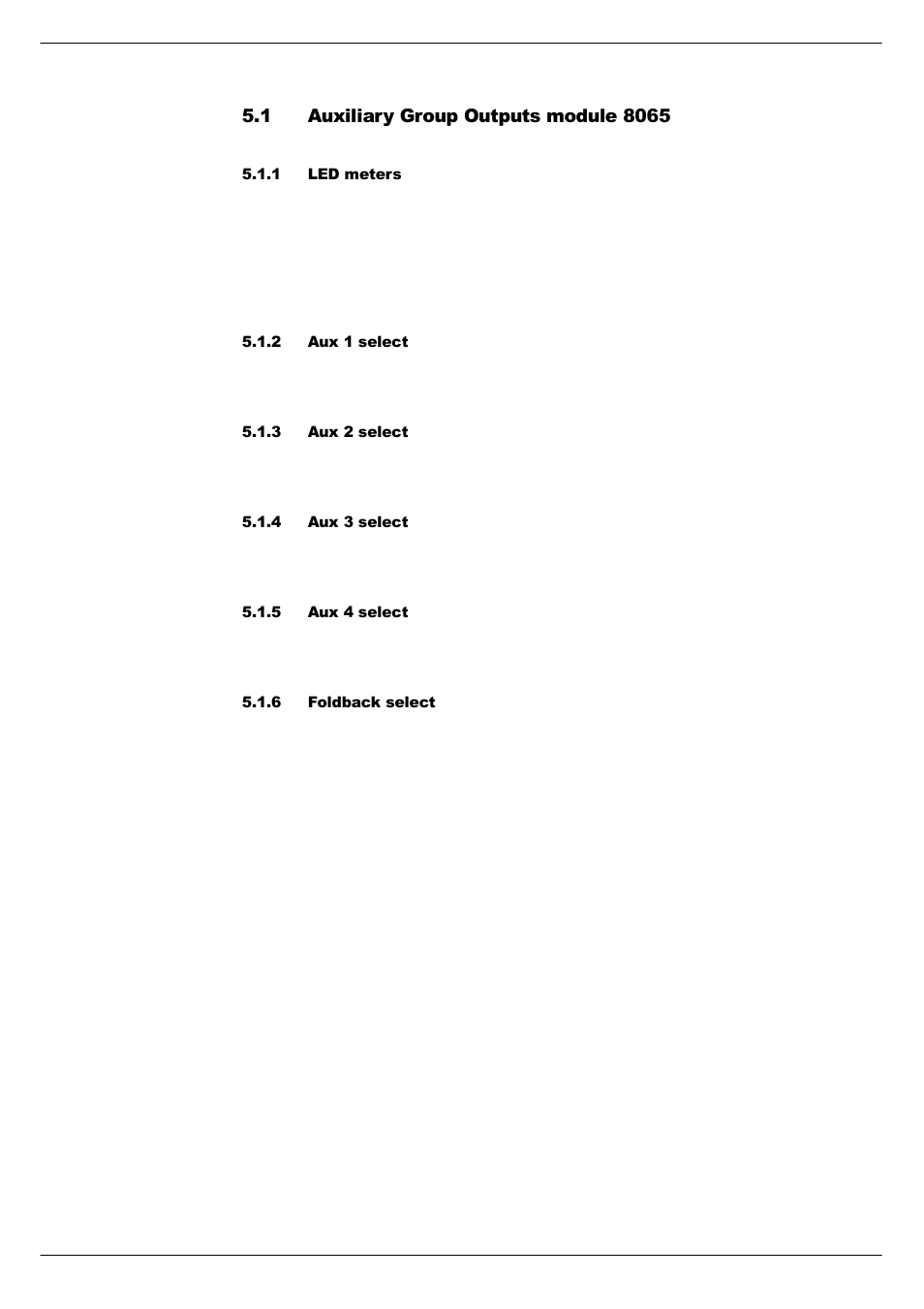 1 auxiliary group outputs module 8065, 1 led meters, 2 aux 1 select | 3 aux 2 select, 4 aux 3 select, 5 aux 4 select, 6 foldback select, Auxiliary group outputs module 8065 -2 | Cadac C-Type User Manual | Page 38 / 66