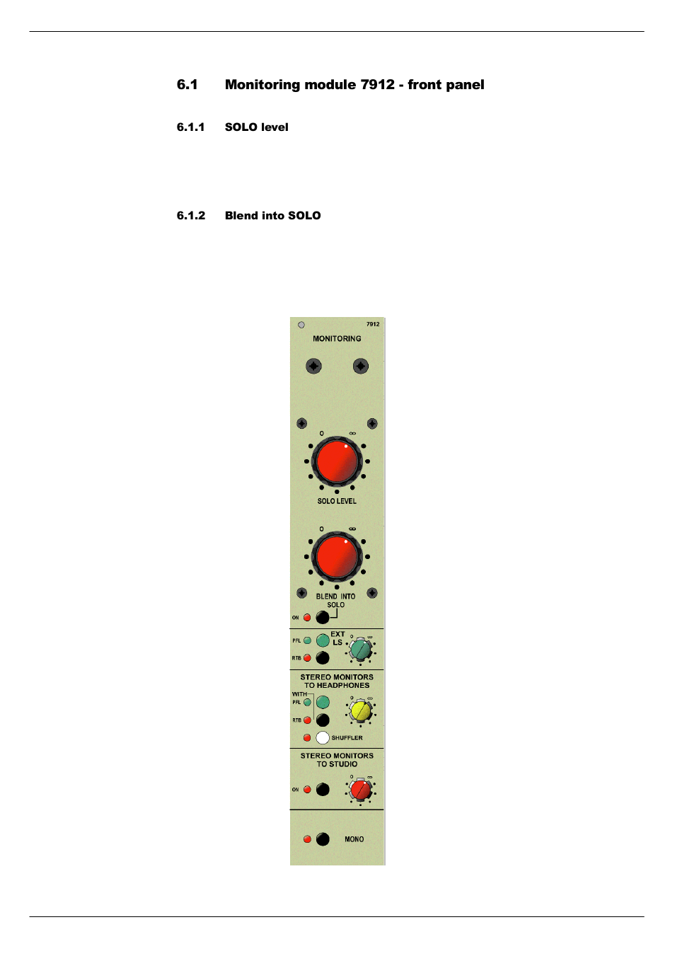 1 monitoring module 7912 - front panel, 1 solo level, 2 blend into solo | Monitoring module 7912 - front panel -2 | Cadac C-Type User Manual | Page 44 / 66