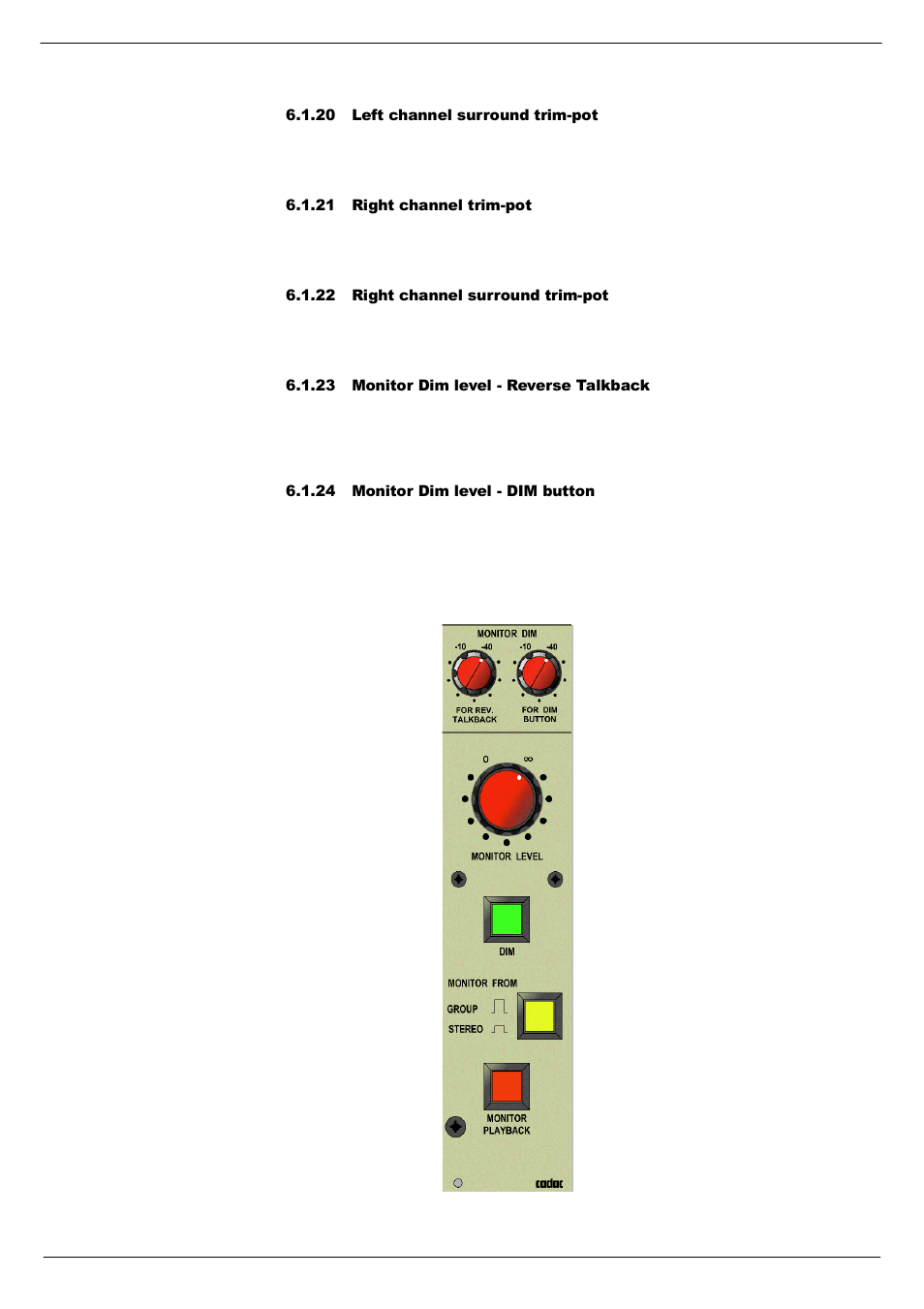 20 left channel surround trim-pot, 21 right channel trim-pot, 22 right channel surround trim-pot | 23 monitor dim level - reverse talkback, 24 monitor dim level - dim button, 22 right channel surround | Cadac C-Type User Manual | Page 47 / 66