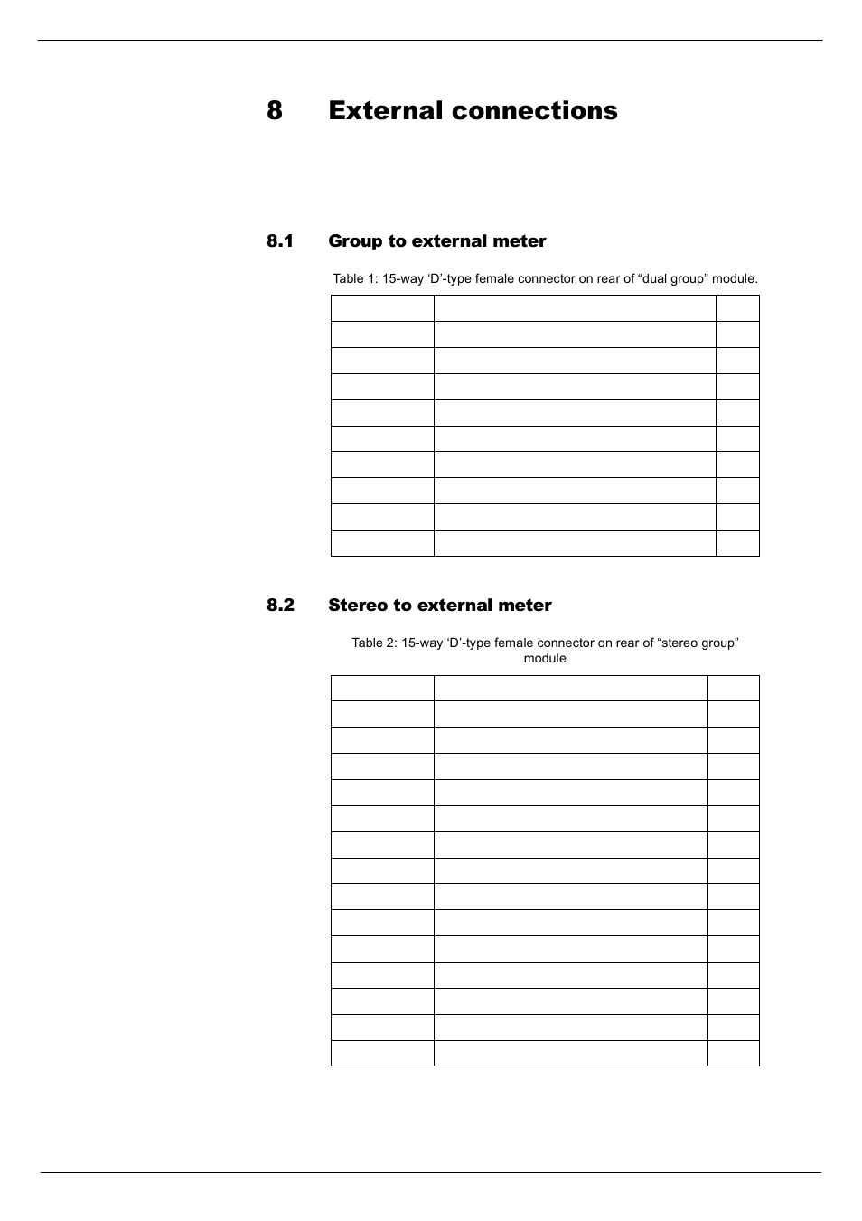 8 external connections, 1 group to external meter, 2 stereo to external meter | Group to external meter -1, Stereo to external meter -1, Whuqdo#frqqhfwlrqv | Cadac C-Type User Manual | Page 59 / 66