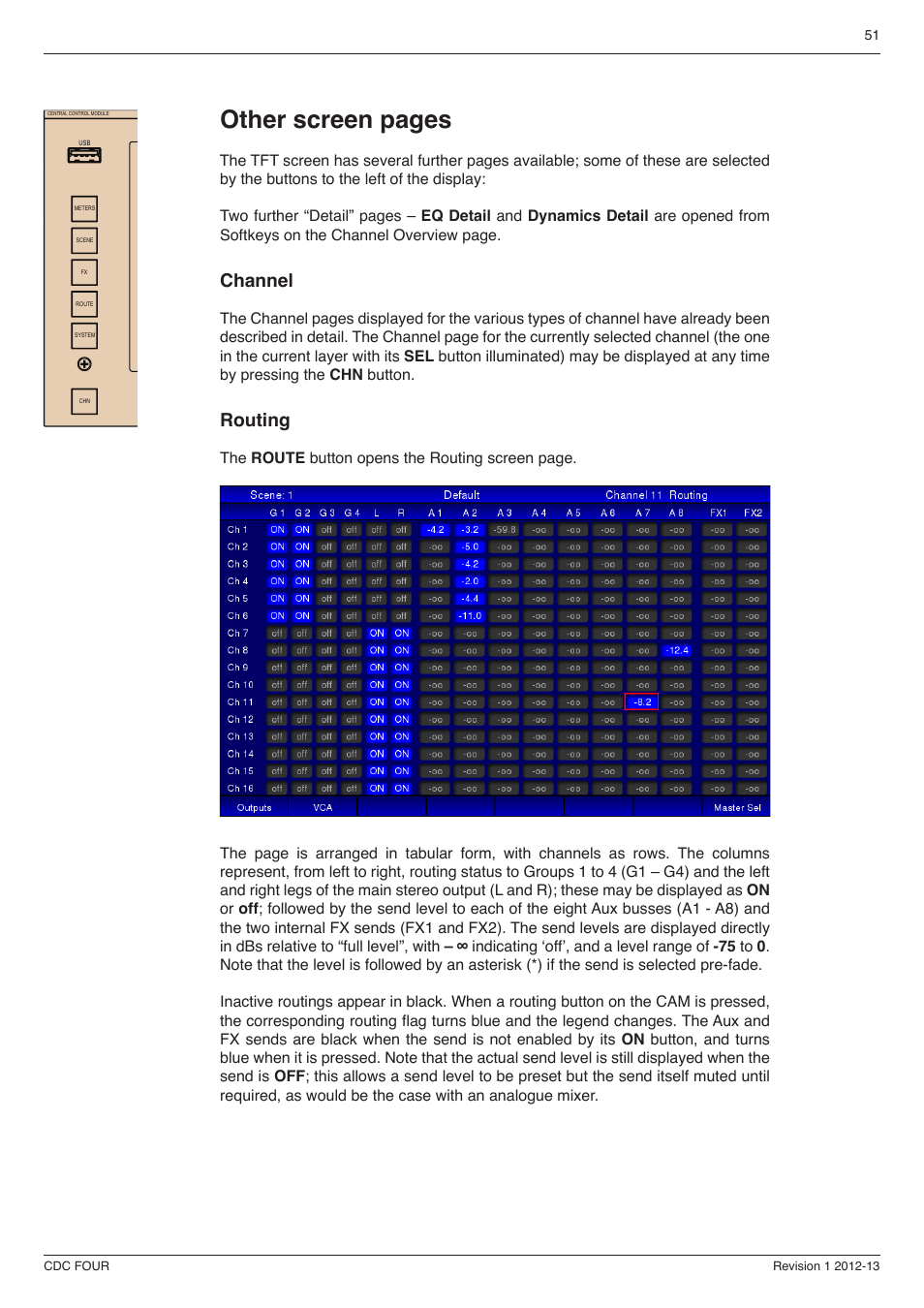 Channel 51, Routing 51, Other screen pages | Channel, Routing | Cadac CDC four User Manual | Page 51 / 83