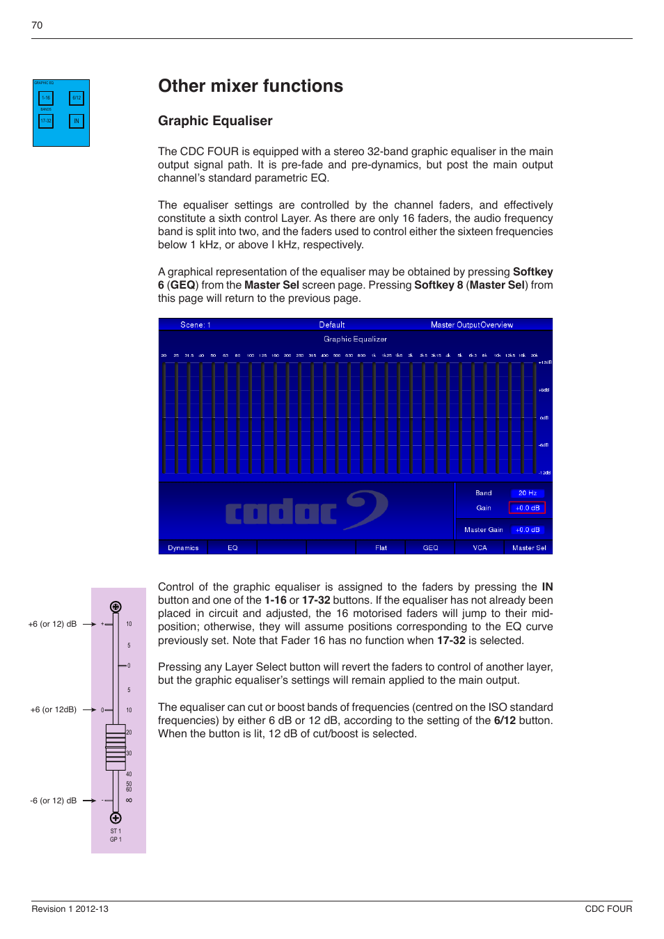 Other mixer functions 70, Graphic equaliser, Other mixer functions | Cadac CDC four User Manual | Page 70 / 83