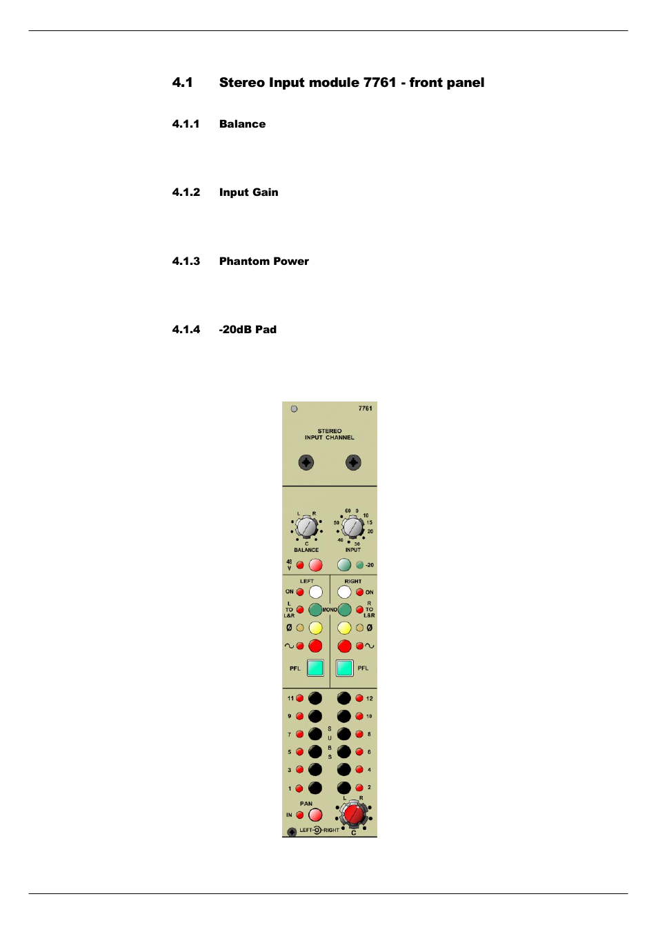 1 stereo input module 7761 - front panel, 1 balance, 2 input gain | 3 phantom power, 4 -20db pad, Stereo input module 7761 - front panel -2 | Cadac F-Type User Manual | Page 58 / 108