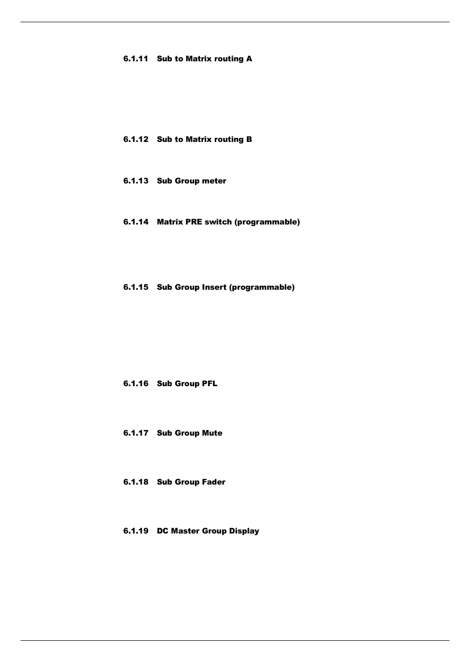 11 sub to matrix routing a, 12 sub to matrix routing b, 13 sub group meter | 14 matrix pre switch (programmable), 15 sub group insert (programmable), 16 sub group pfl, 17 sub group mute, 18 sub group fader, 19 dc master group display | Cadac F-Type User Manual | Page 76 / 108