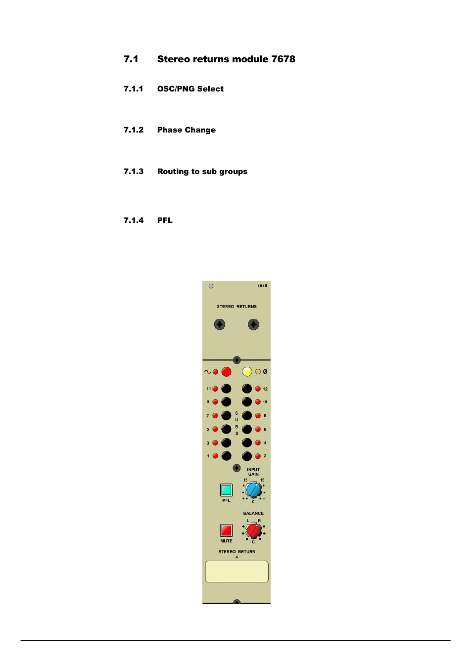 1 stereo returns module 7678, 1 osc/png select, 2 phase change | 3 routing to sub groups, 4 pfl, Stereo returns module 7678 -2, 14 6whuhr#uhwxuqv#prgxoh#:9 | Cadac F-Type User Manual | Page 82 / 108