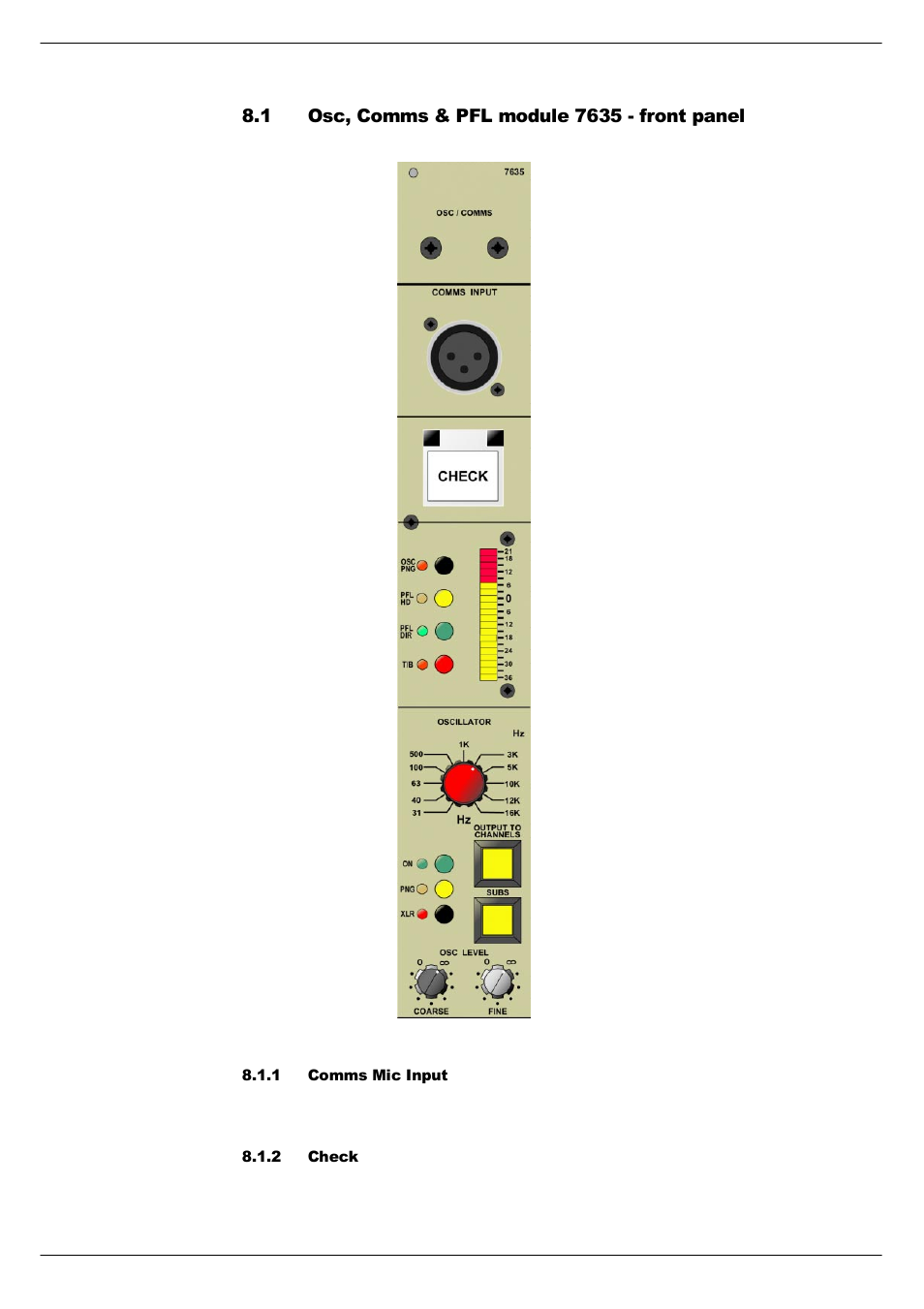 1 osc, comms & pfl module 7635 - front panel, 1 comms mic input, 2 check | Osc, comms & pfl module 7635 - front panel -2 | Cadac F-Type User Manual | Page 86 / 108