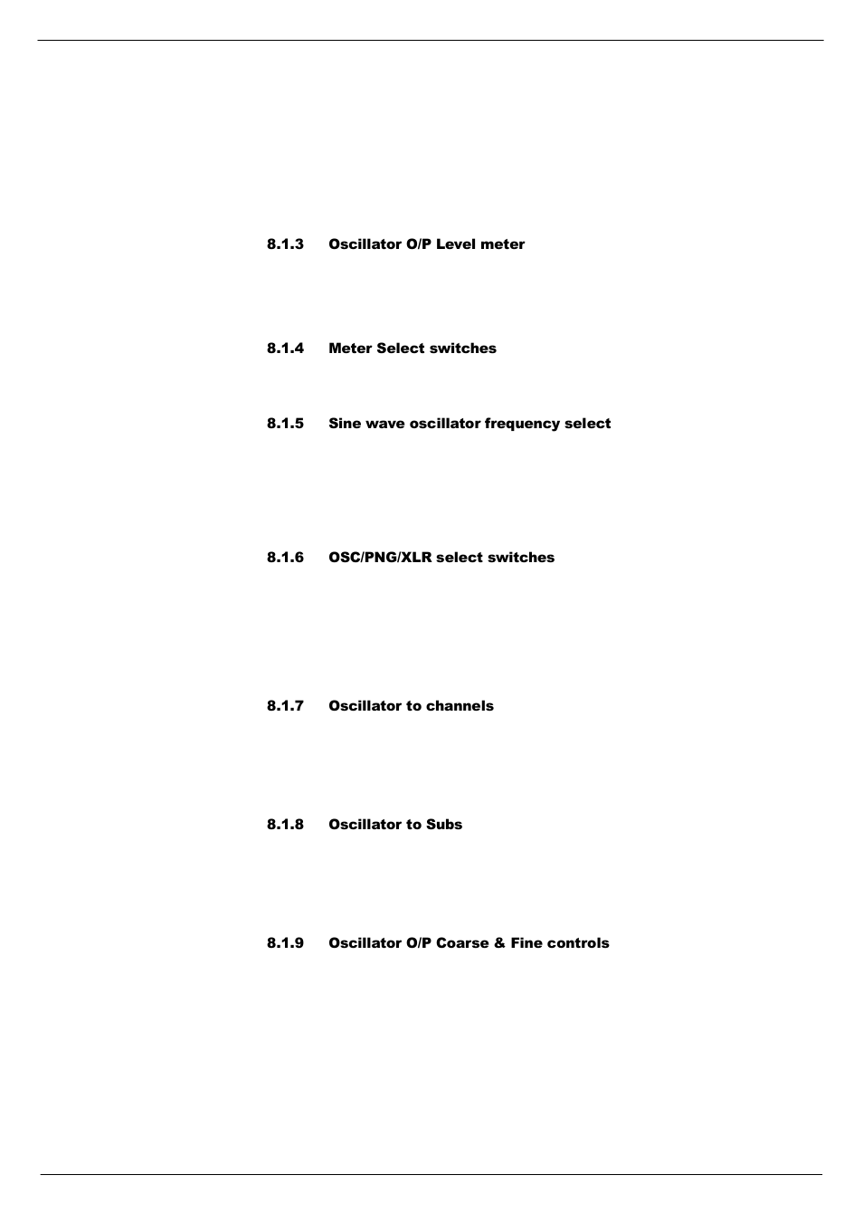 3 oscillator o/p level meter, 4 meter select switches, 5 sine wave oscillator frequency select | 6 osc/png/xlr select switches, 7 oscillator to channels, 8 oscillator to subs, 9 oscillator o/p coarse & fine controls | Cadac F-Type User Manual | Page 87 / 108