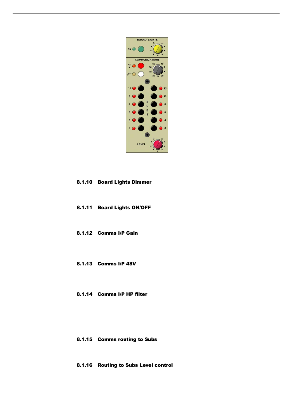 10 board lights dimmer, 11 board lights on/off, 12 comms i/p gain | 13 comms i/p 48v, 14 comms i/p hp filter, 15 comms routing to subs, 16 routing to subs level control | Cadac F-Type User Manual | Page 88 / 108