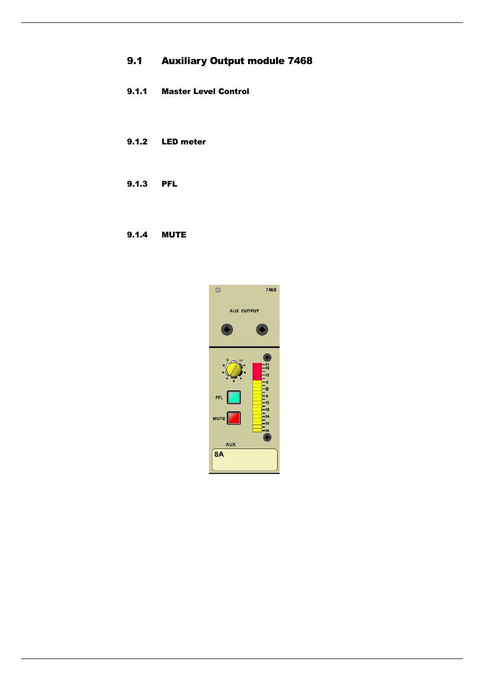 1 auxiliary output module 7468, 1 master level control, 2 led meter | 3 pfl, 4 mute, Auxiliary output module 7468 -2 | Cadac F-Type User Manual | Page 94 / 108