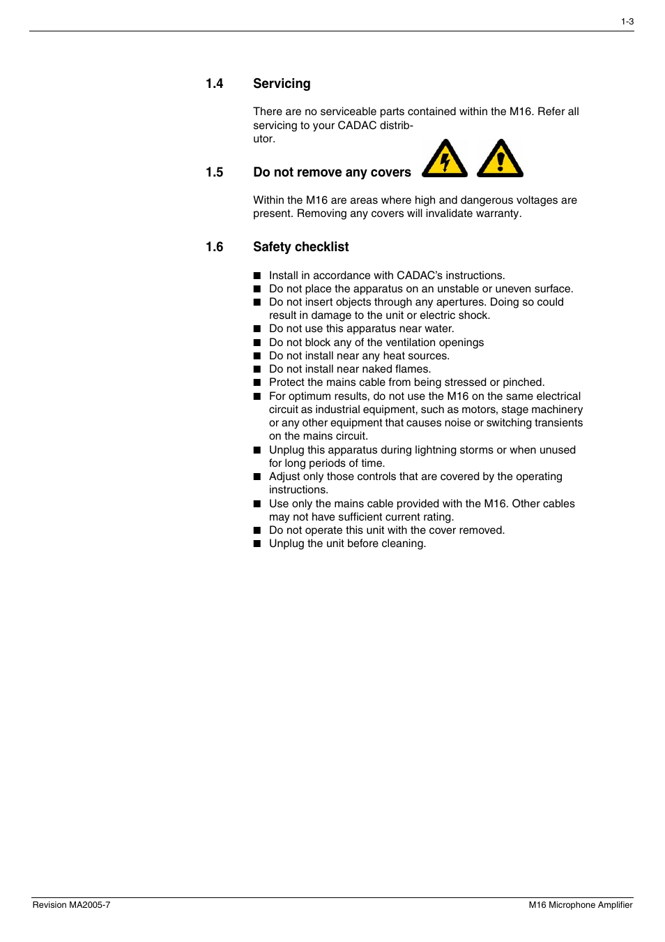 4 servicing, 5 do not remove any covers, 6 safety checklist | Servicing -3, Do not remove any covers -3, Safety checklist -3 | Cadac M16 User Manual | Page 11 / 55