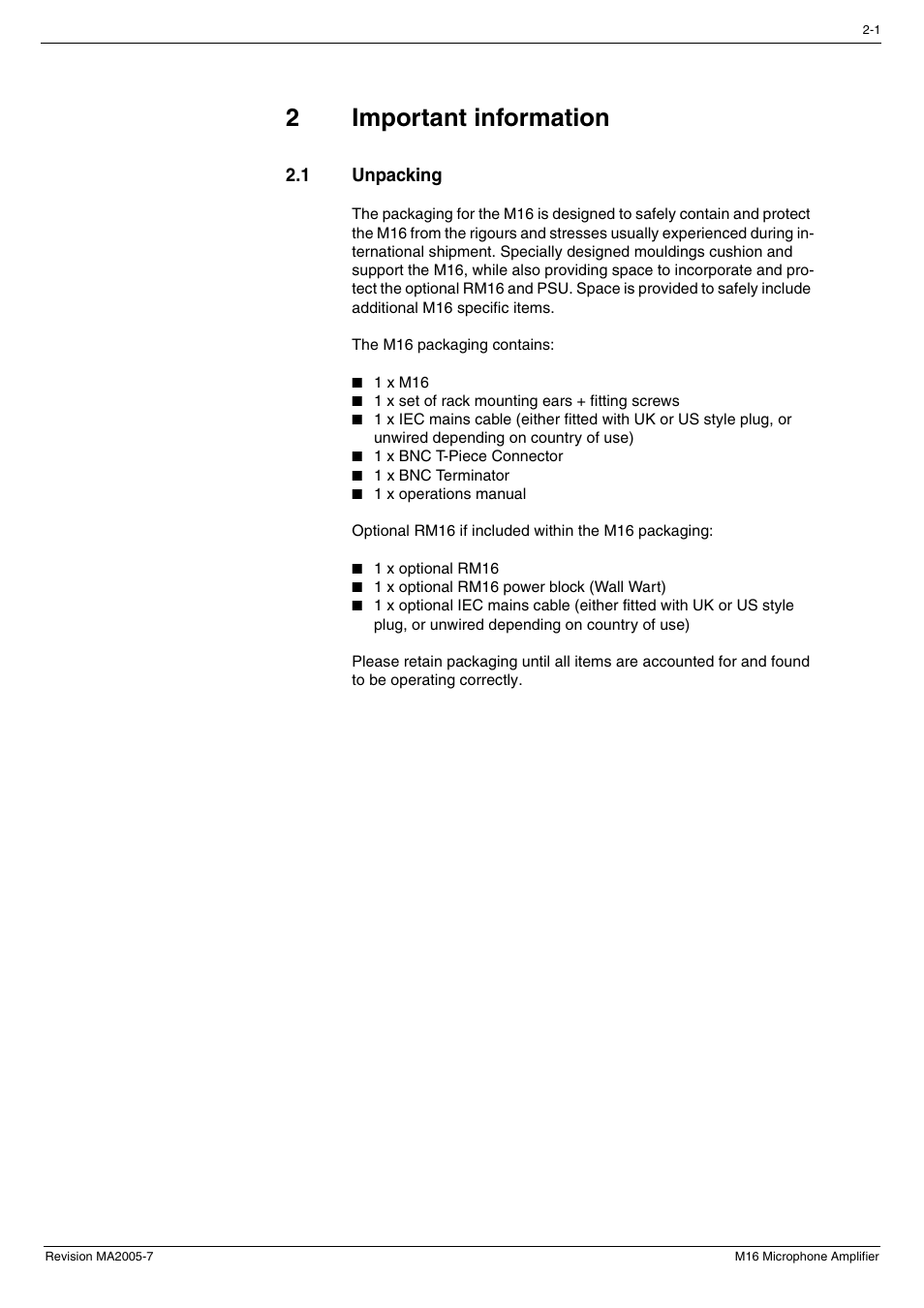 2 important information, 1 unpacking, Important information -1 | Unpacking -1, 2important information | Cadac M16 User Manual | Page 13 / 55