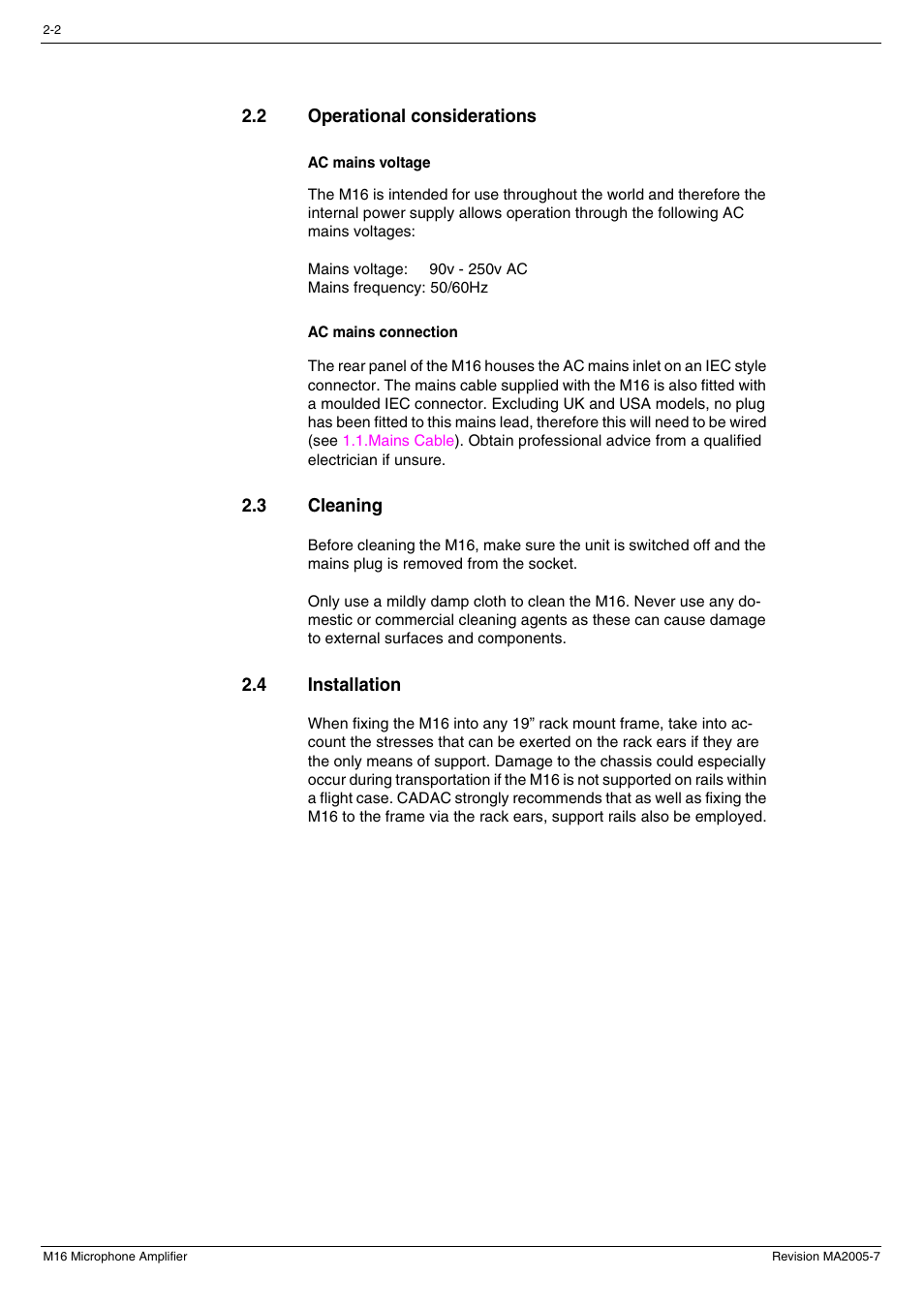 2 operational considerations, Ac mains voltage, 3 cleaning | 4 installation, Cleaning -2, Installation -2 | Cadac M16 User Manual | Page 14 / 55